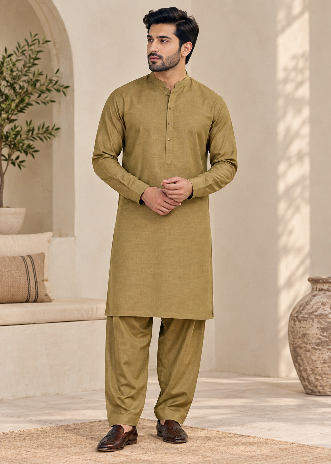 textured wash & wear Unstitched in Camel brown