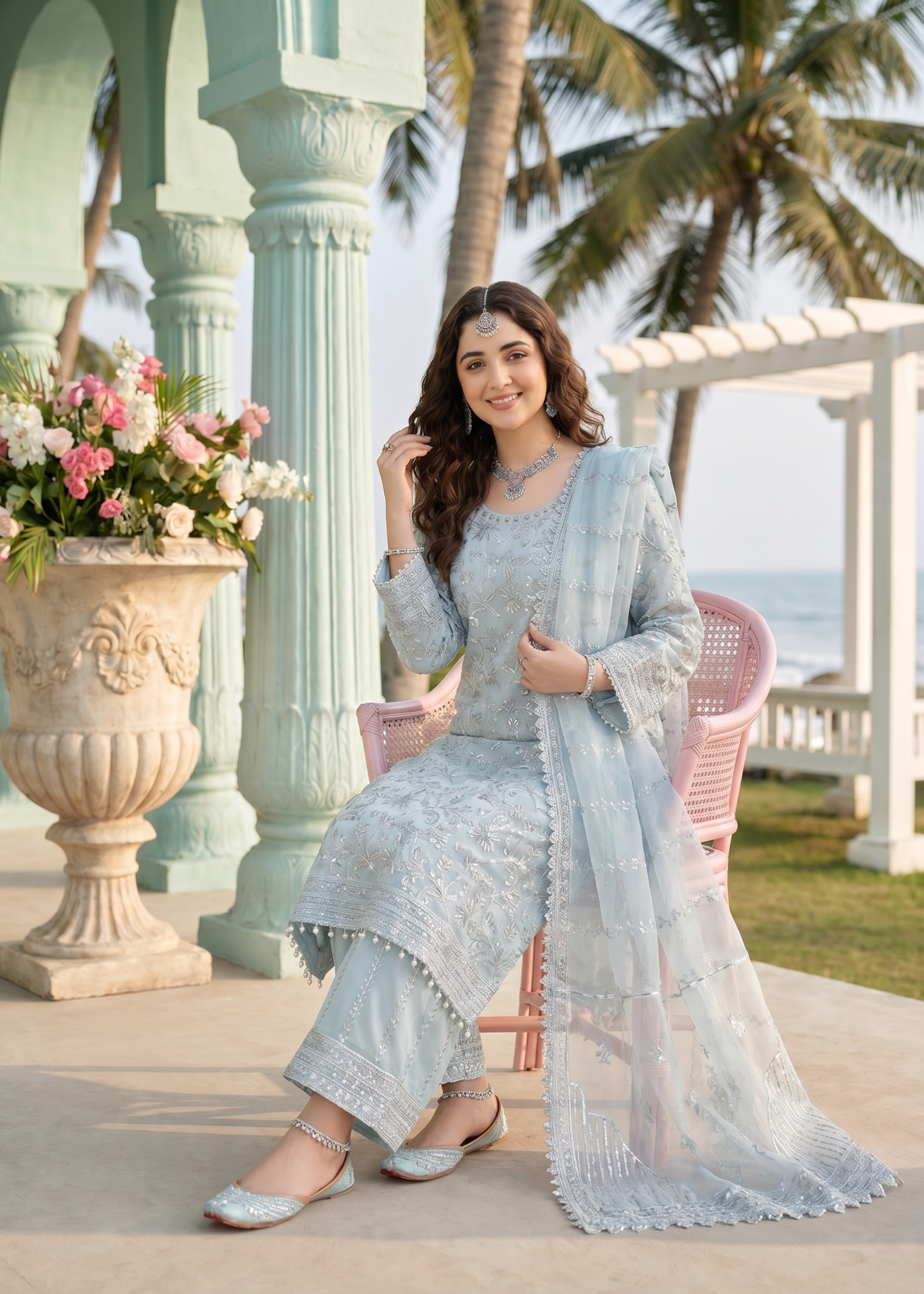 organza Kurta Set in Ice blue