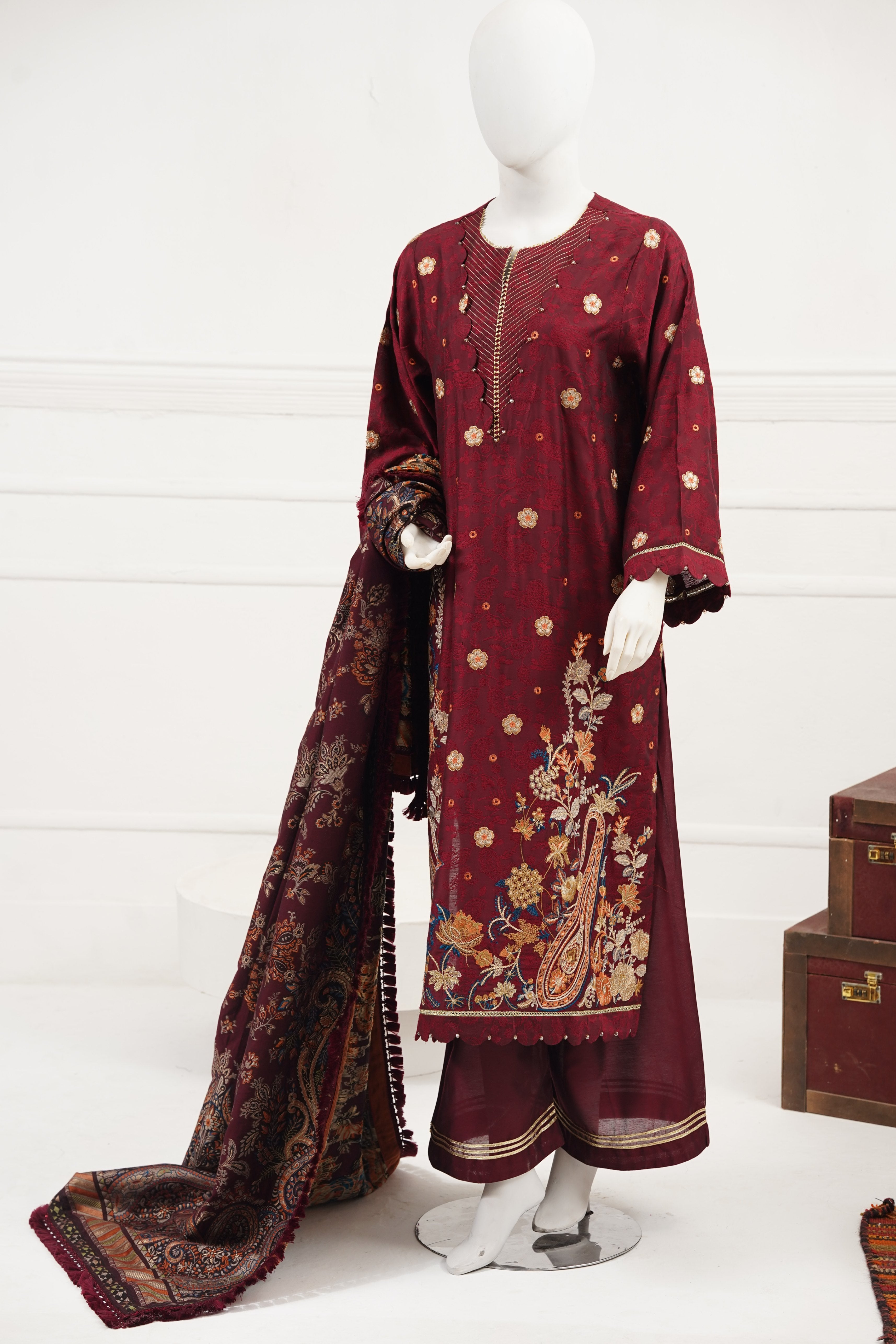jacquard Kurta Set in Maroon