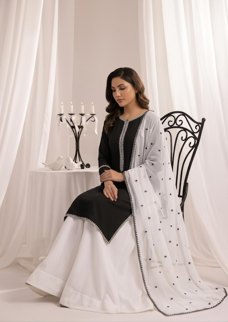 lawn cotton Sharara in Black, white