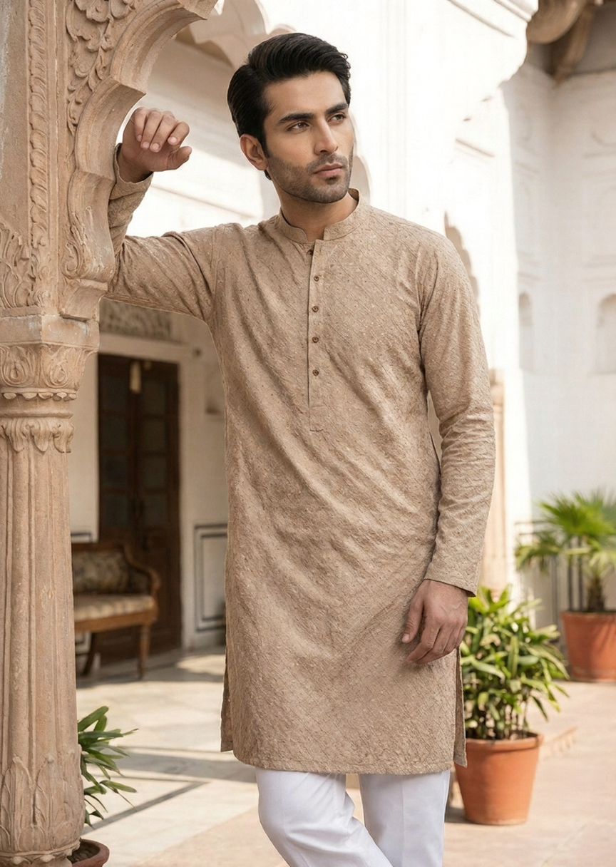 chikankari cotton Kurta in Camel brown