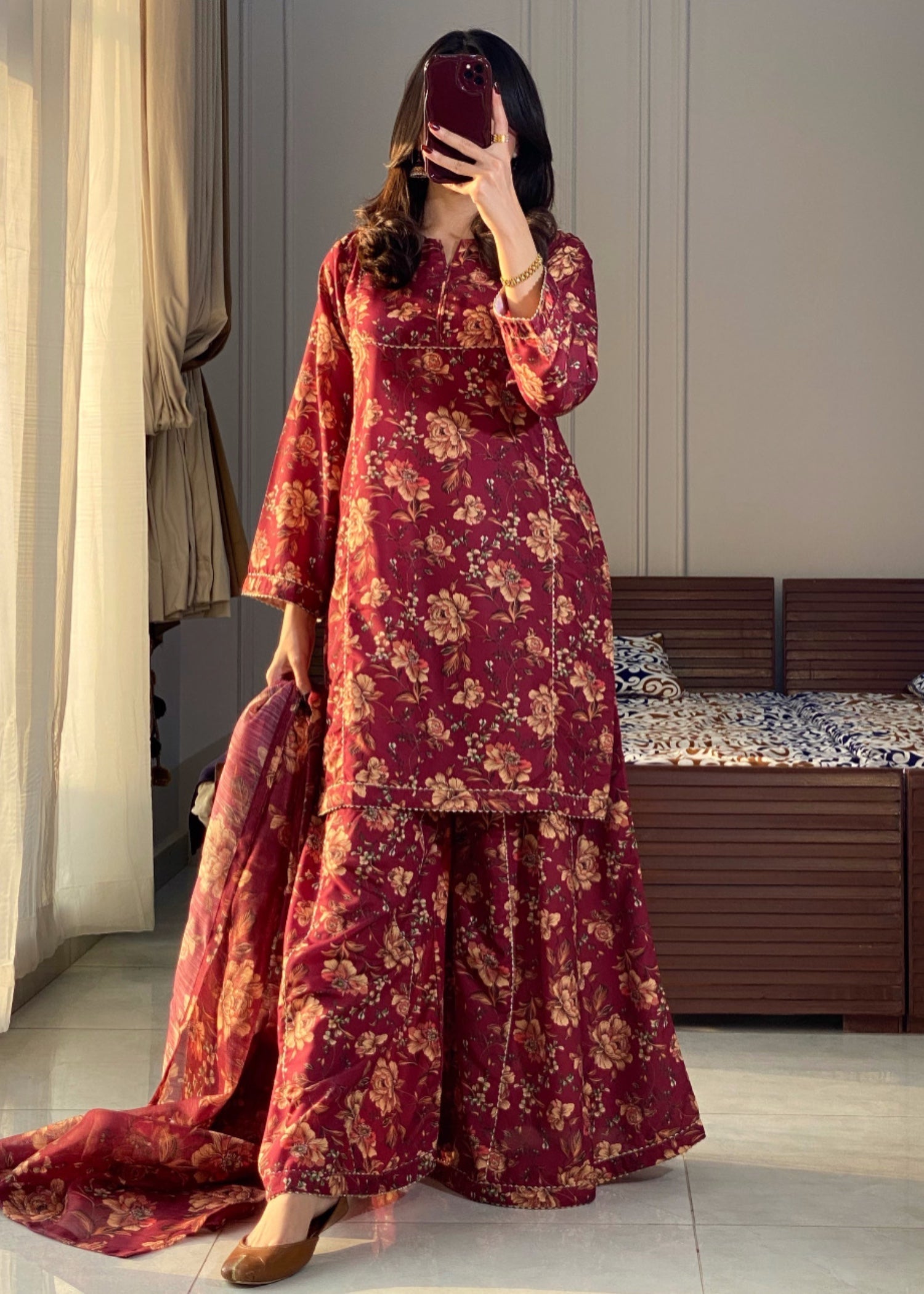 slub lawn Kurta Set in Maroon