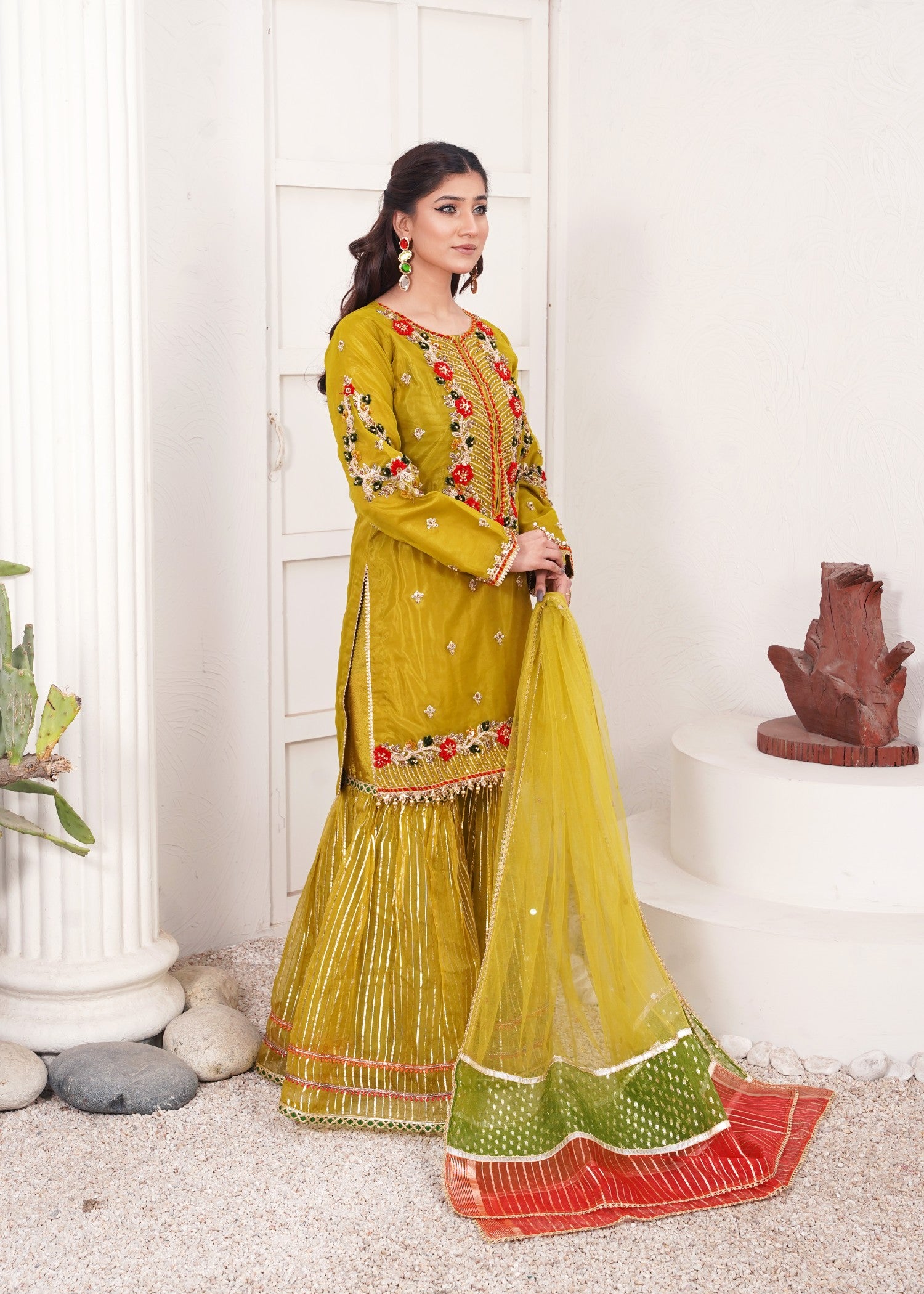 organza Gharara in Olive green