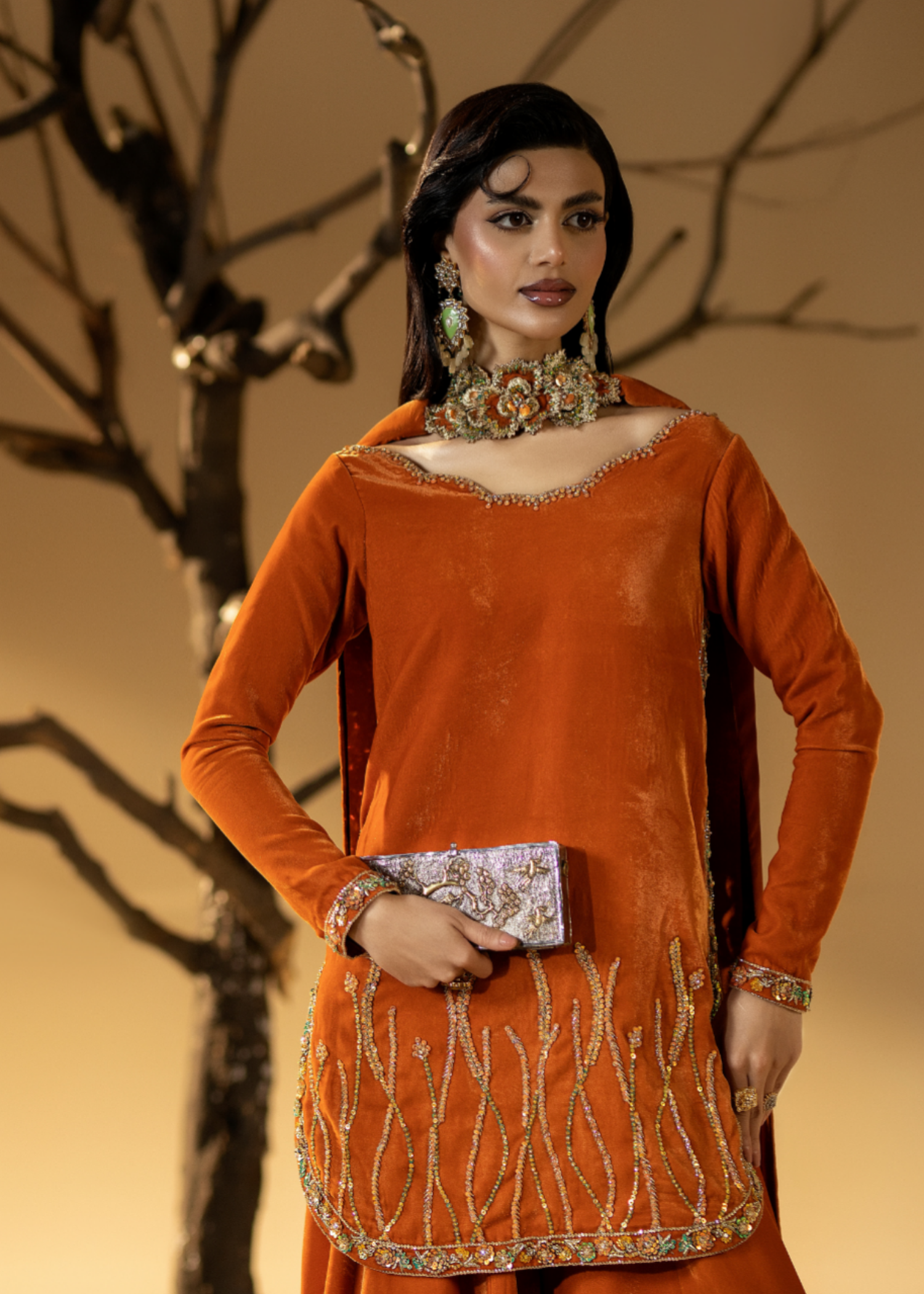 chinese micro velvet 9000 Kurta Set in Toffee orange