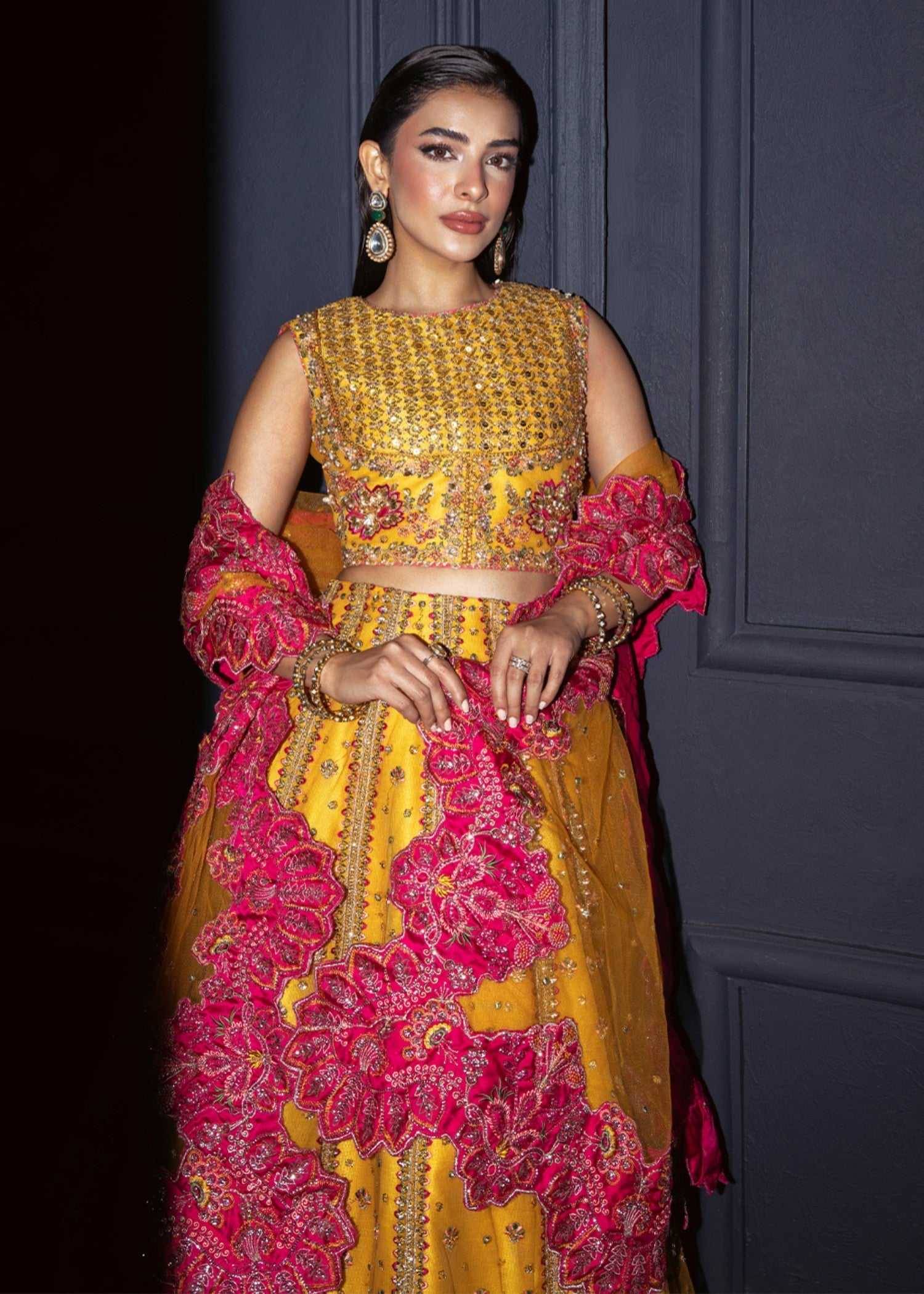 net Lehenga in Mustard