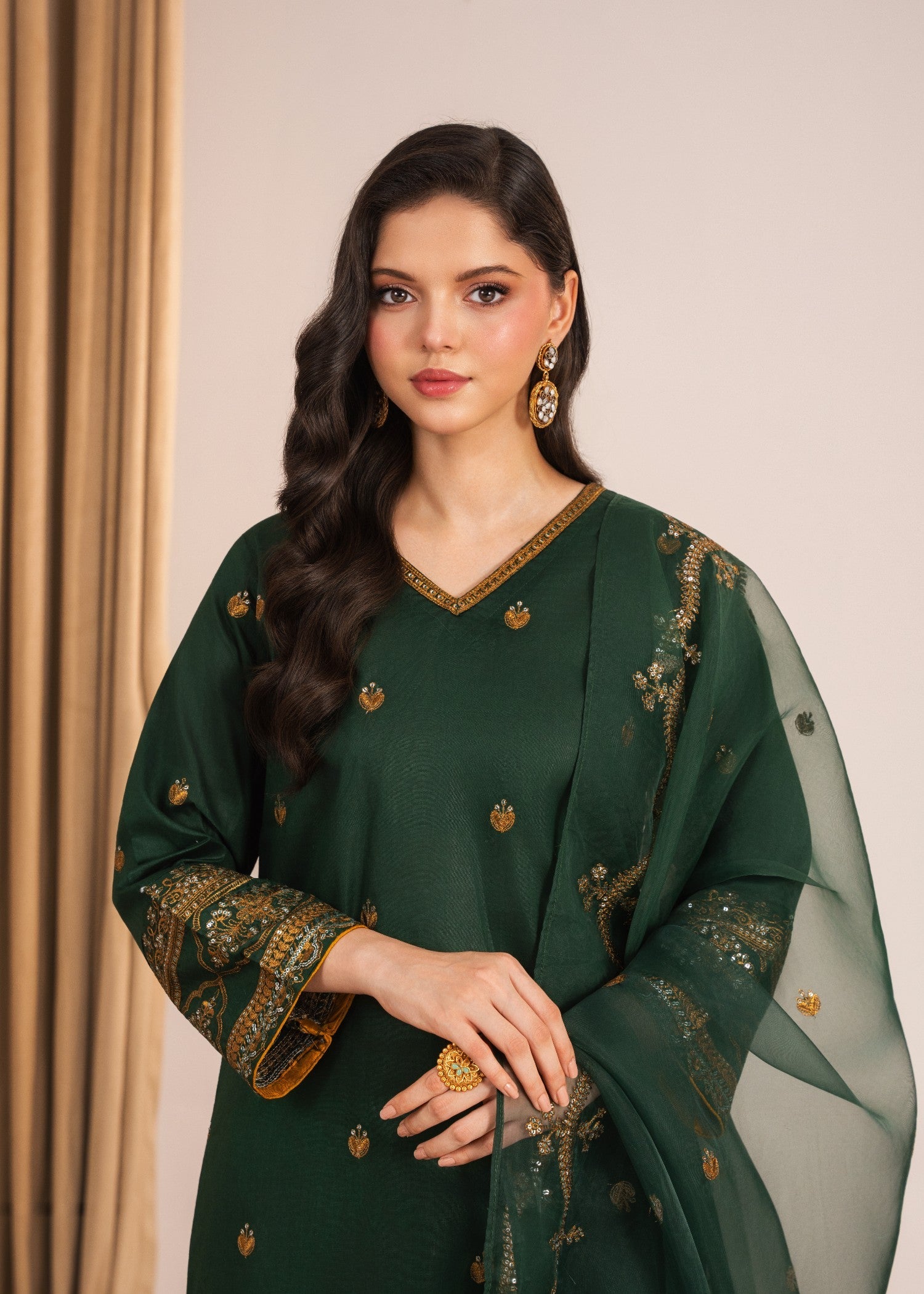 lawn Kurta Set in Gold, dark green