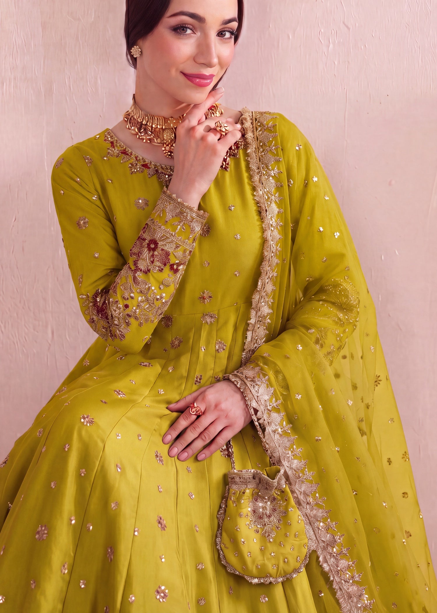 silk Pishwas in Yellow green