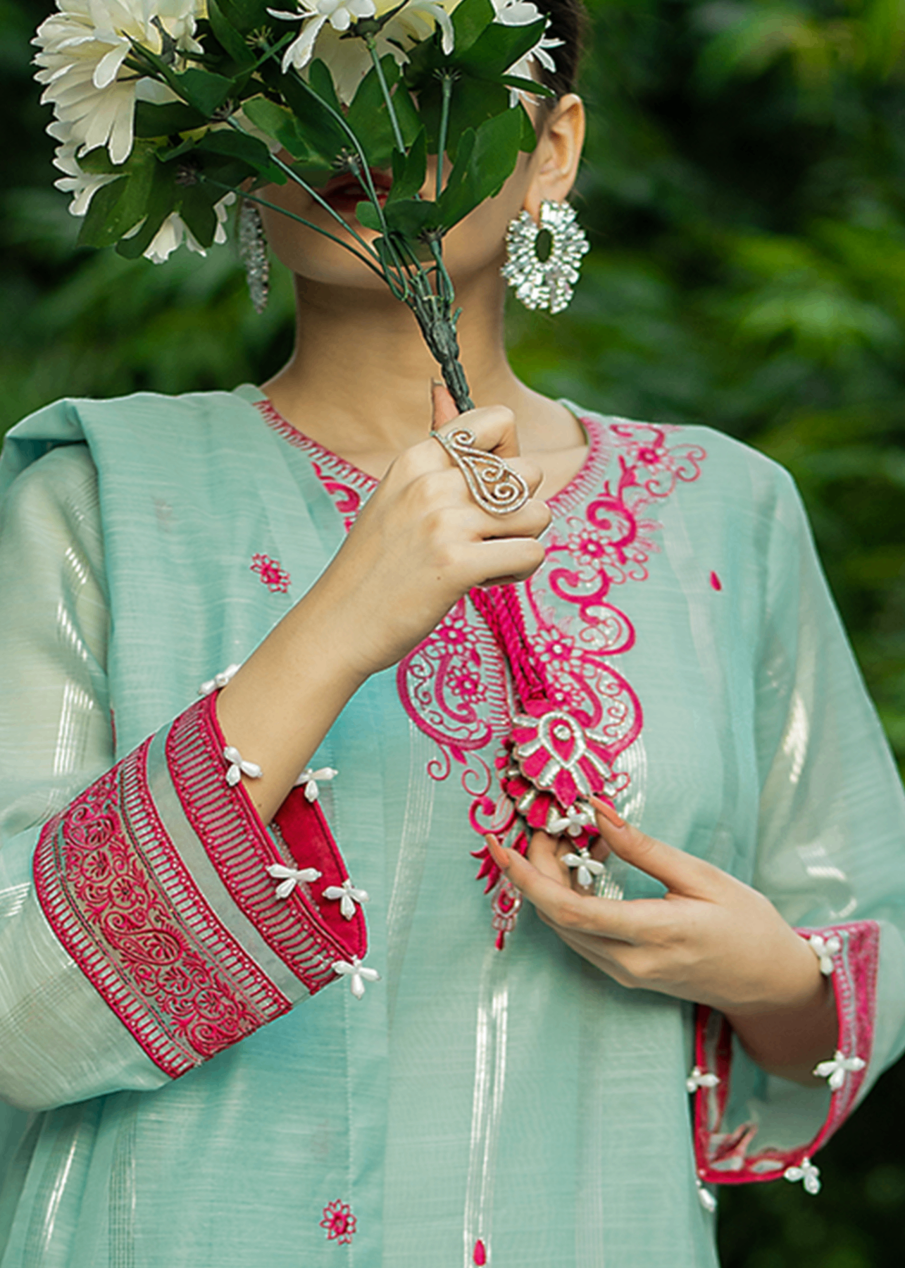 zari organza Kurta Set in Aquamarine