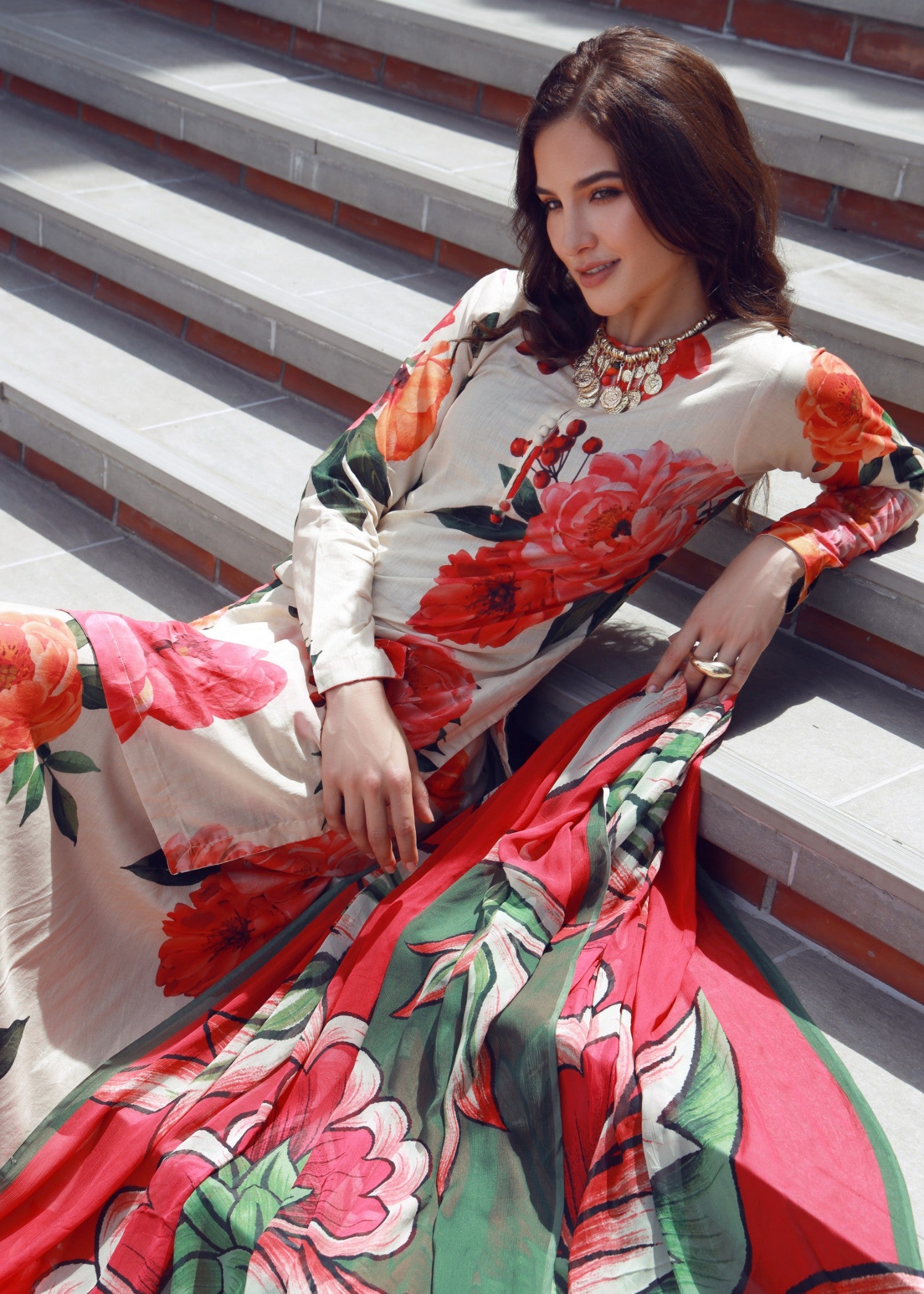 lawn Sharara in Red, white