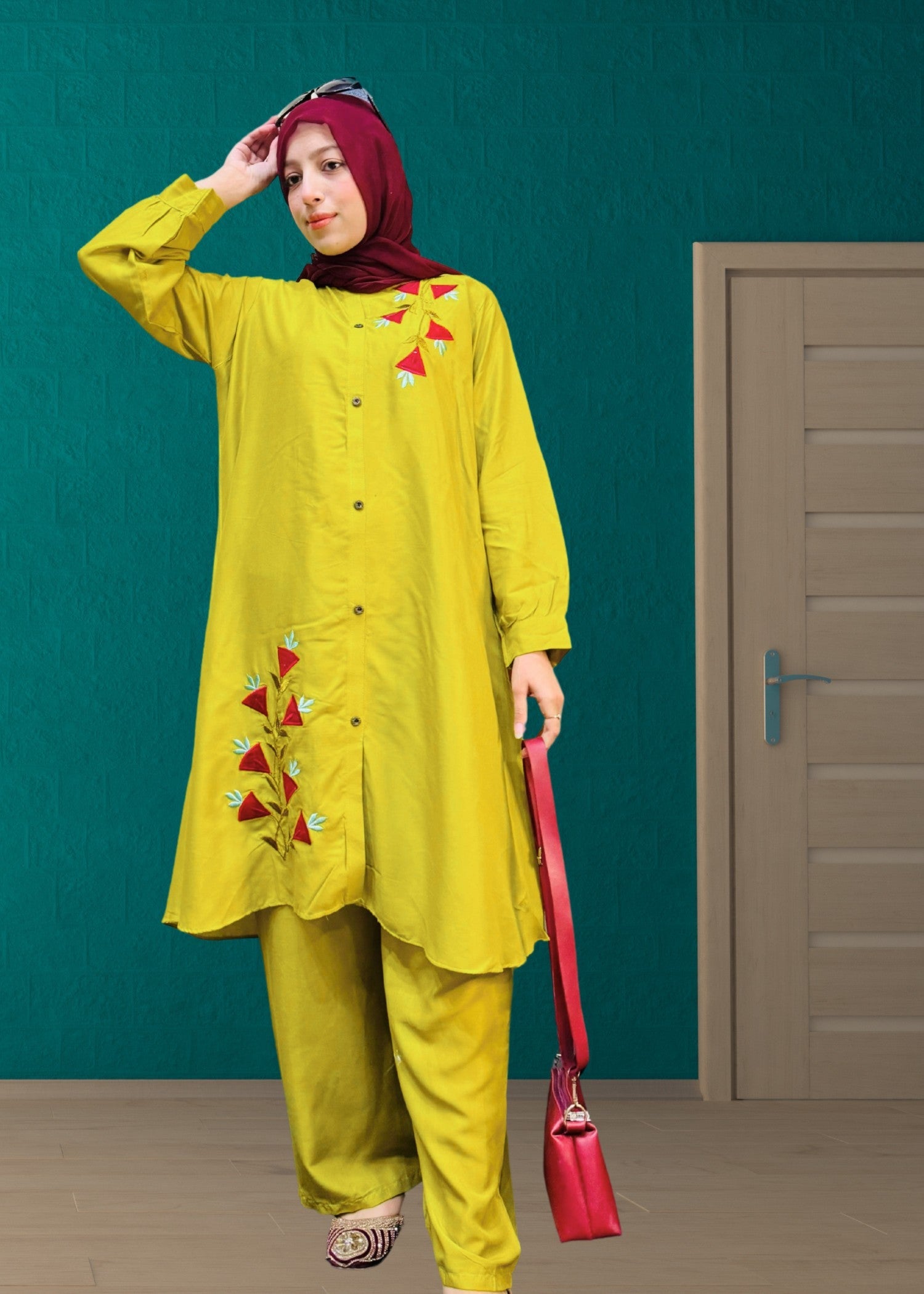 linen Short Frock in Yellow green