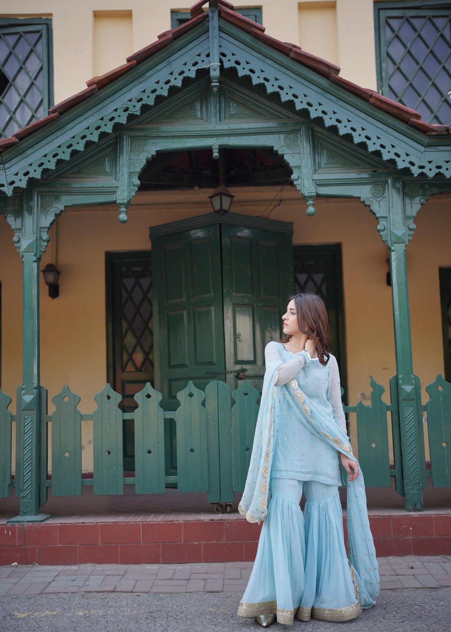 chiffon Gharara in Arctic blue
