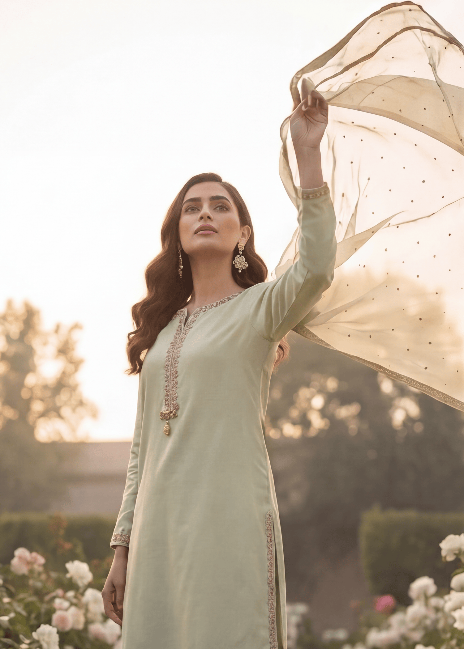 silk Kurta Set in Moss green