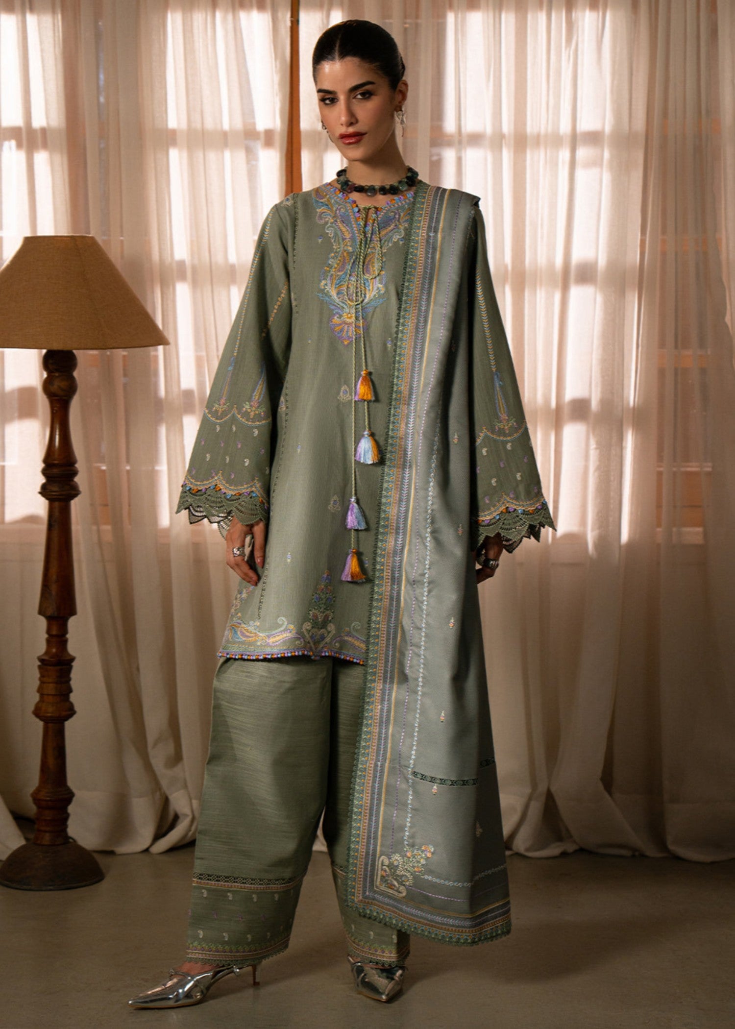 khaddar Unstitched in Sage green