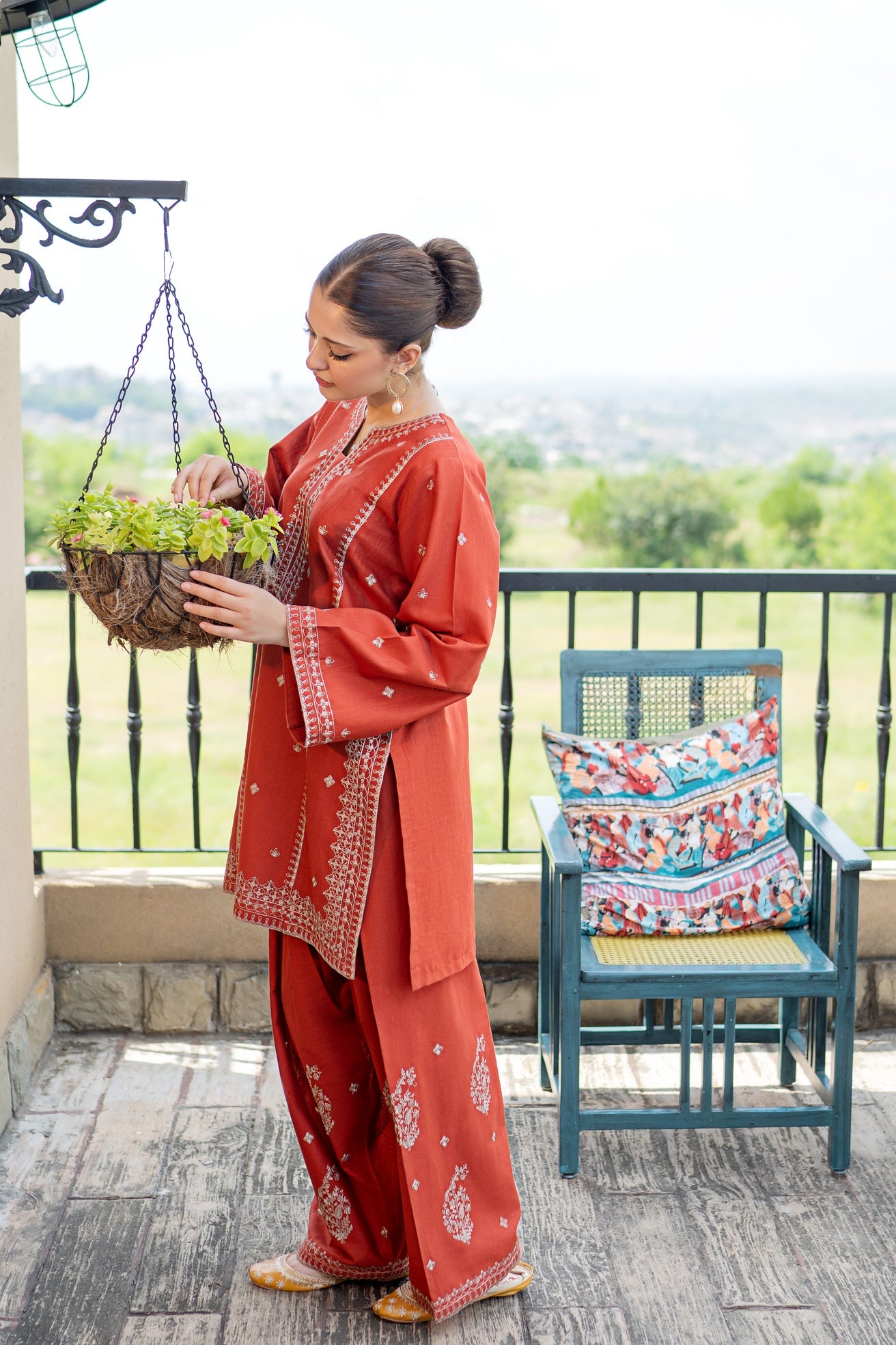 slub khaddar Kurta Set in Rust orange