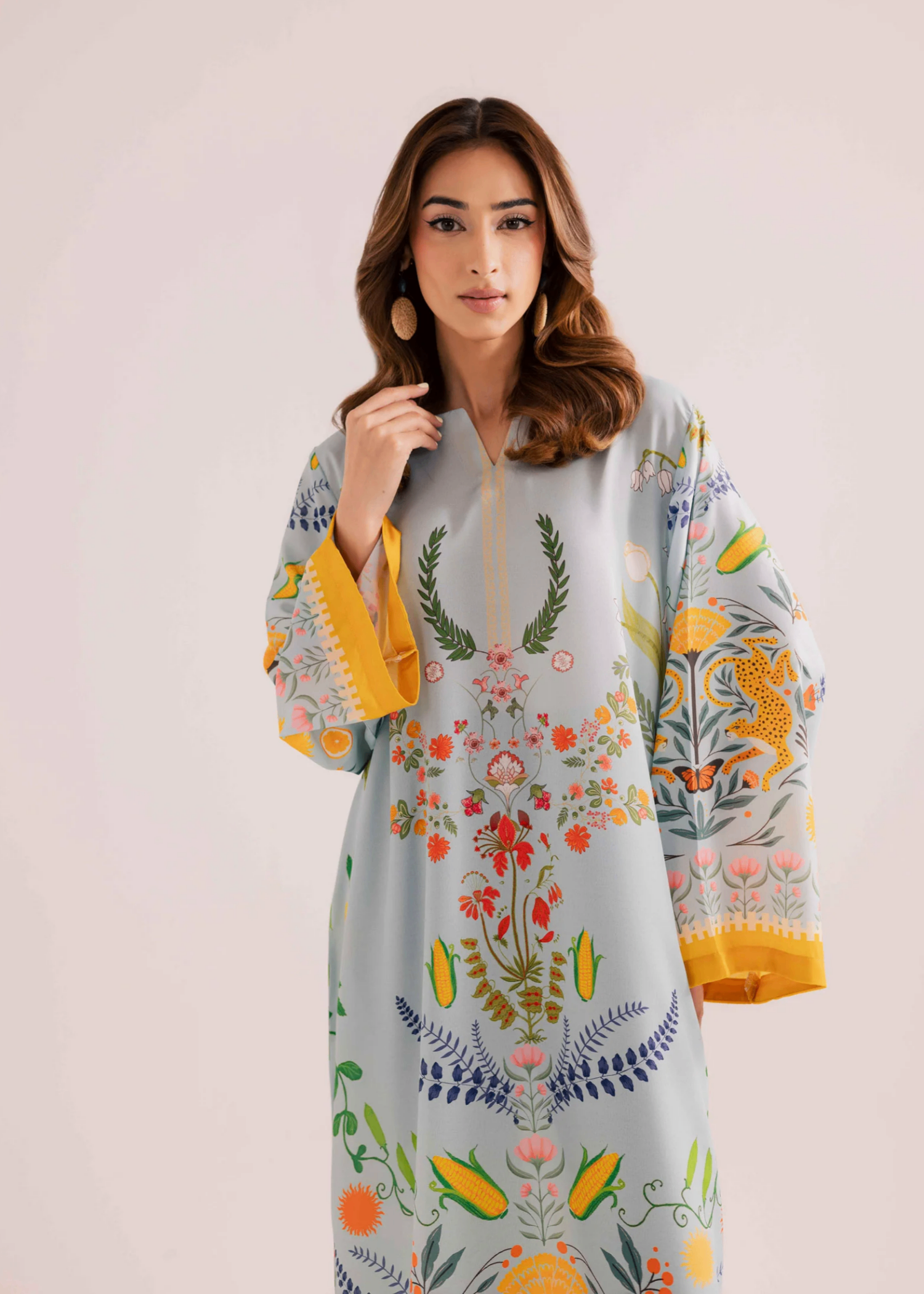 raw silk Kaftan in Powder blue