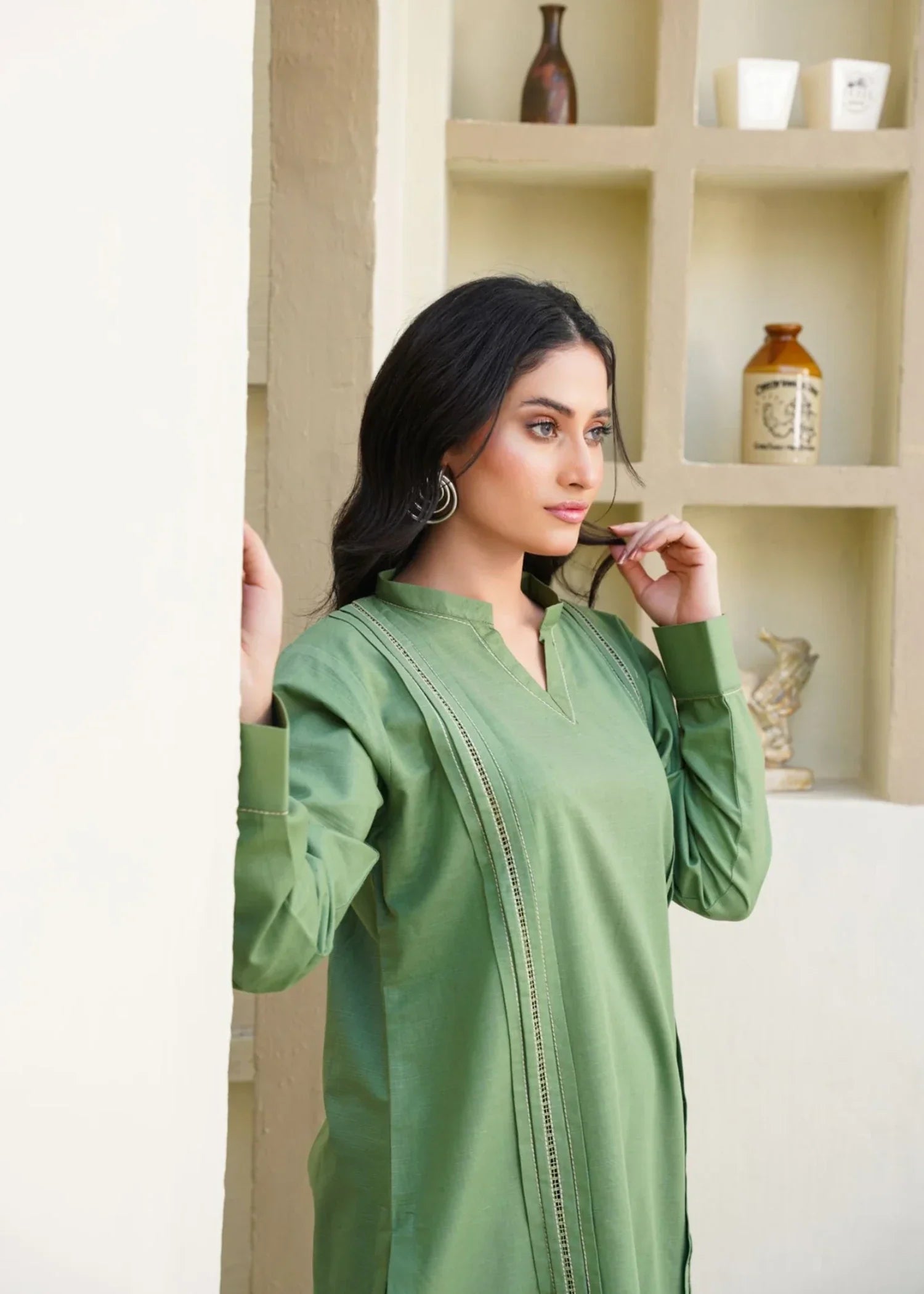 slub khaddar Kurta Set in Sage green