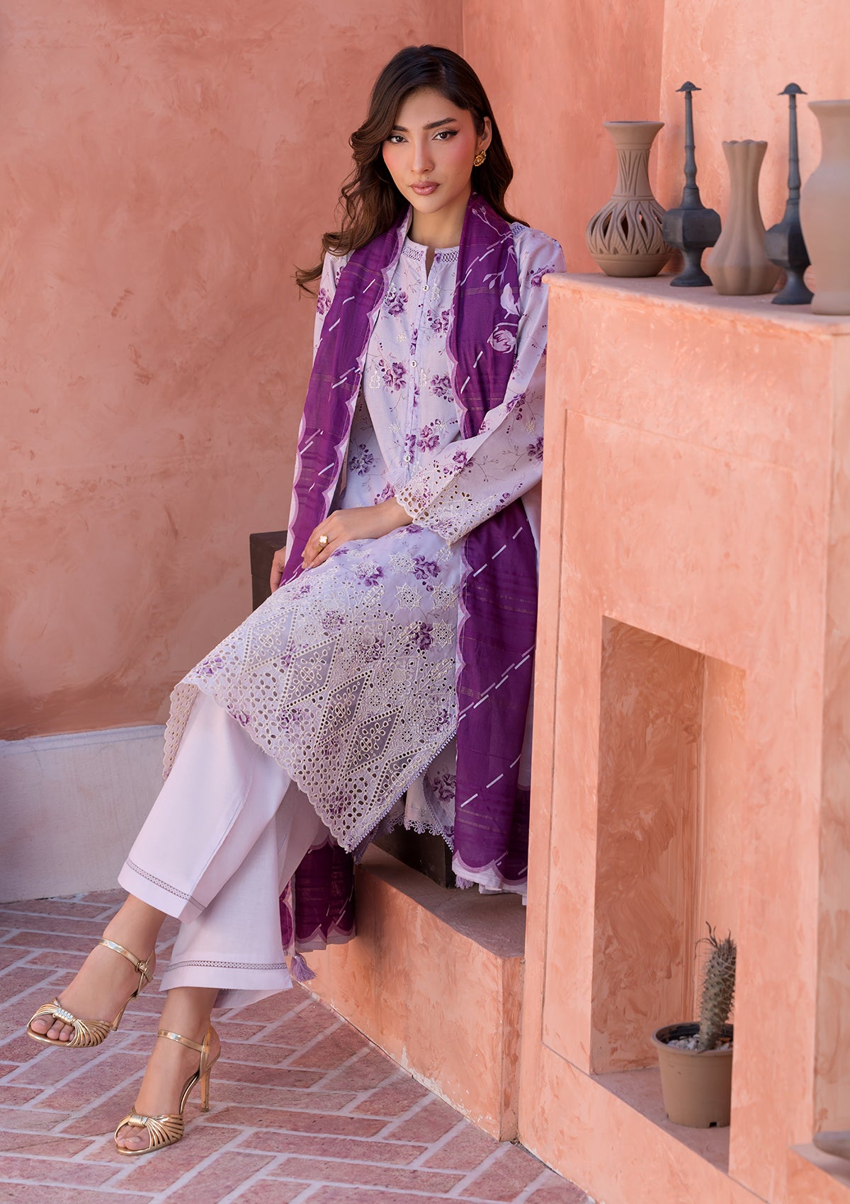 lawn Kurta Set in Purple taupe