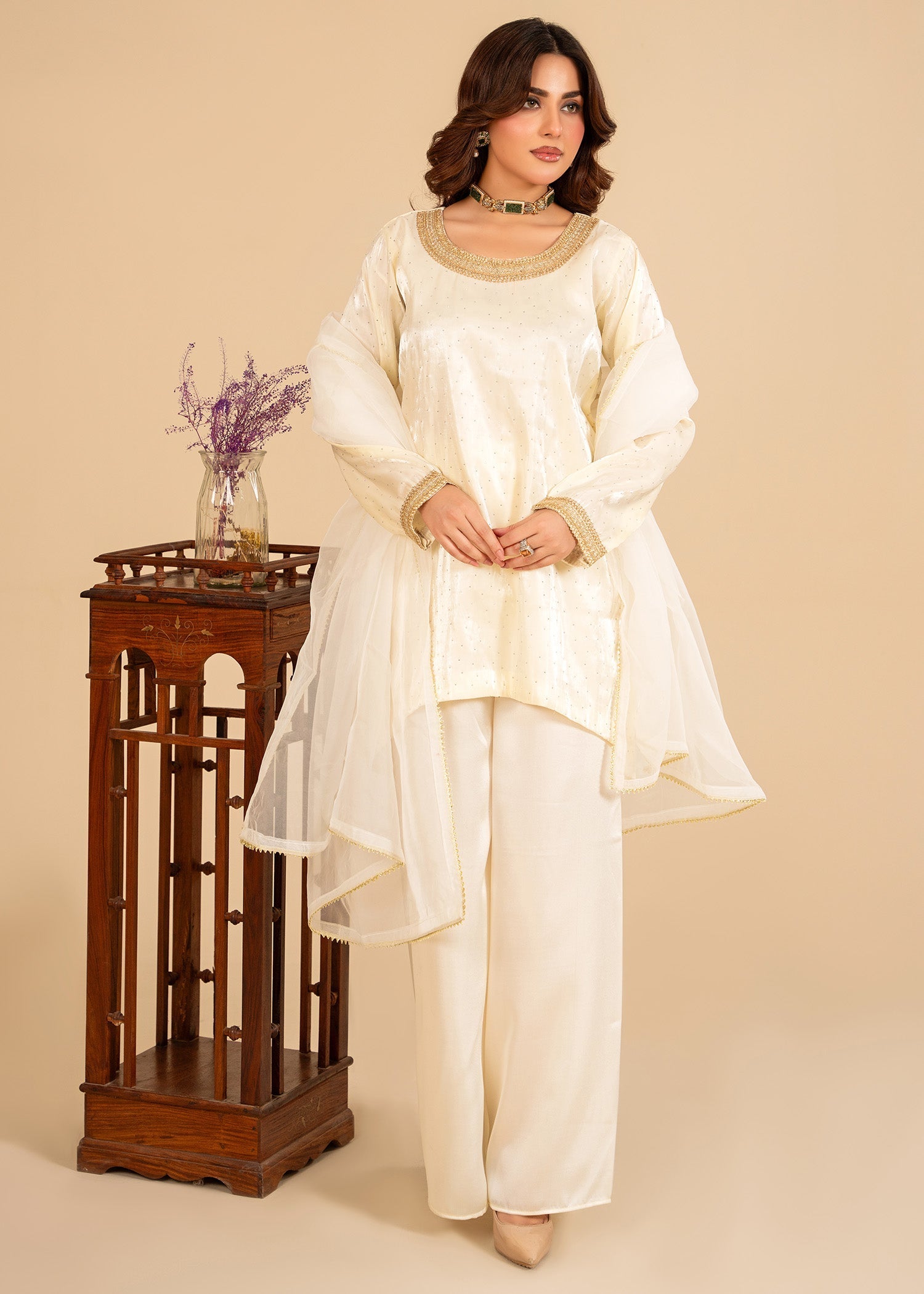 zari organza Short Frock in Off-white