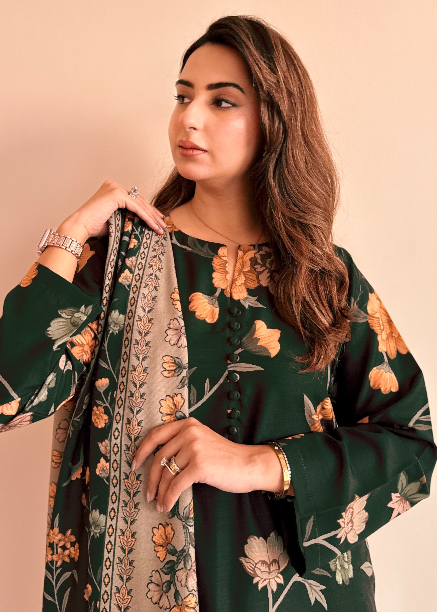 khaddar Kurta Set in Dark green