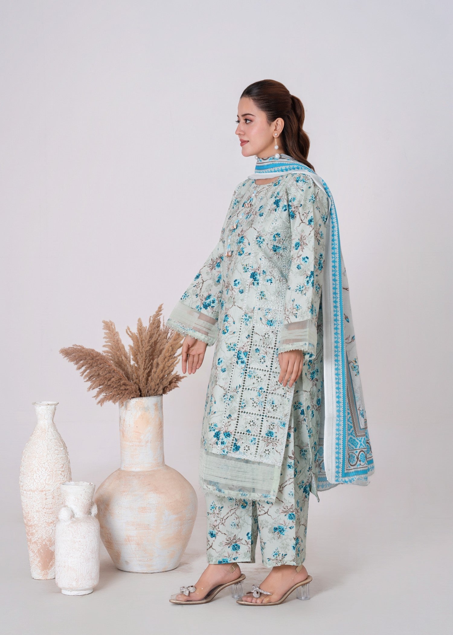 khaddar Kurta Set in White, sky blue