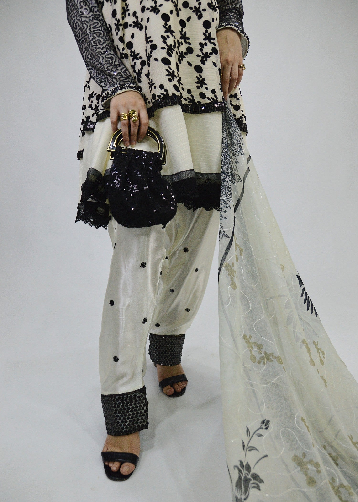 chiffon Short Frock in White, off-white, black