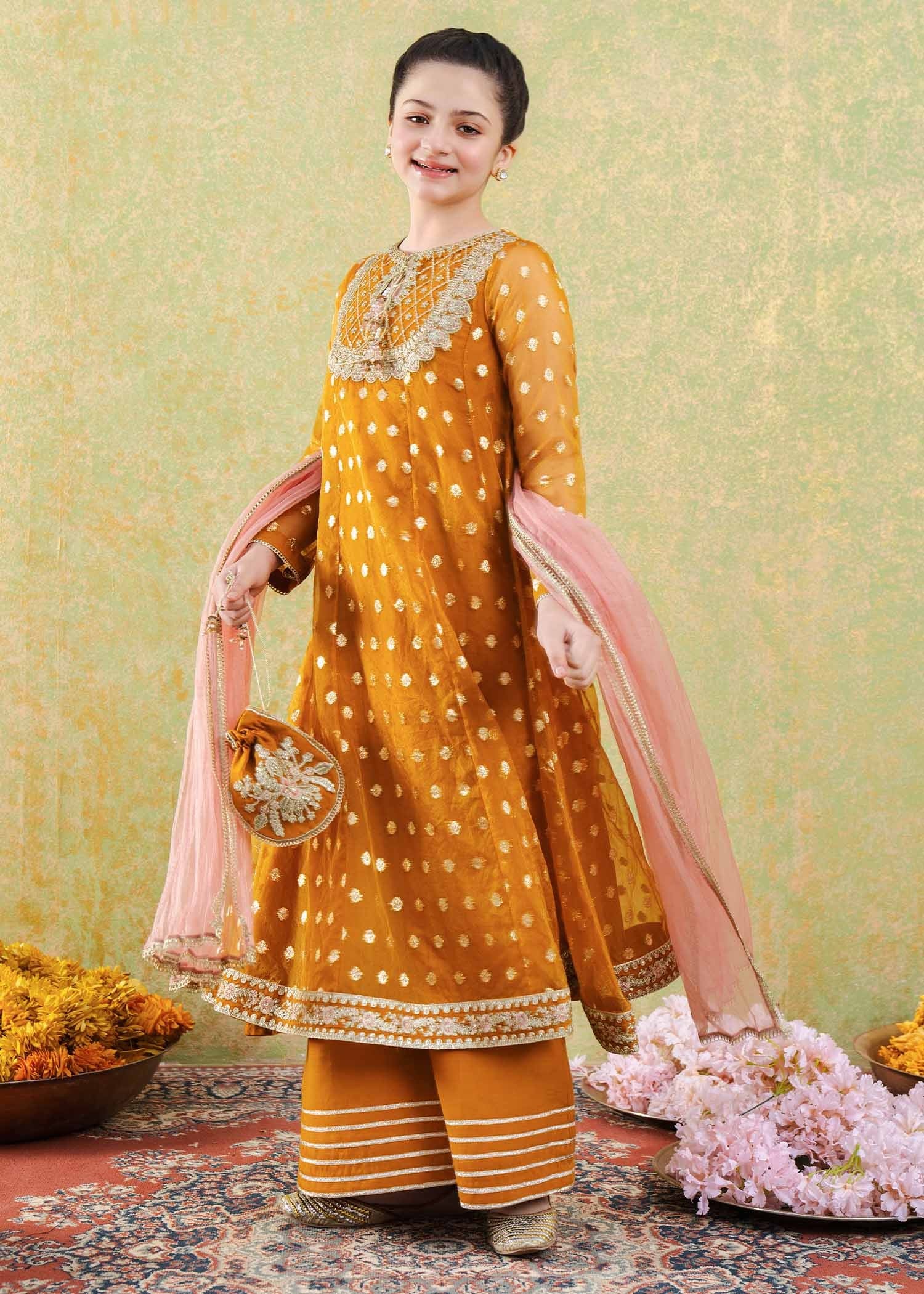 zari organza Pishwas in Mustard