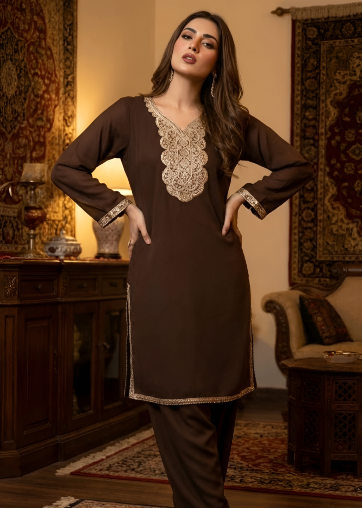 georgette Kurta Set in Coffee brown