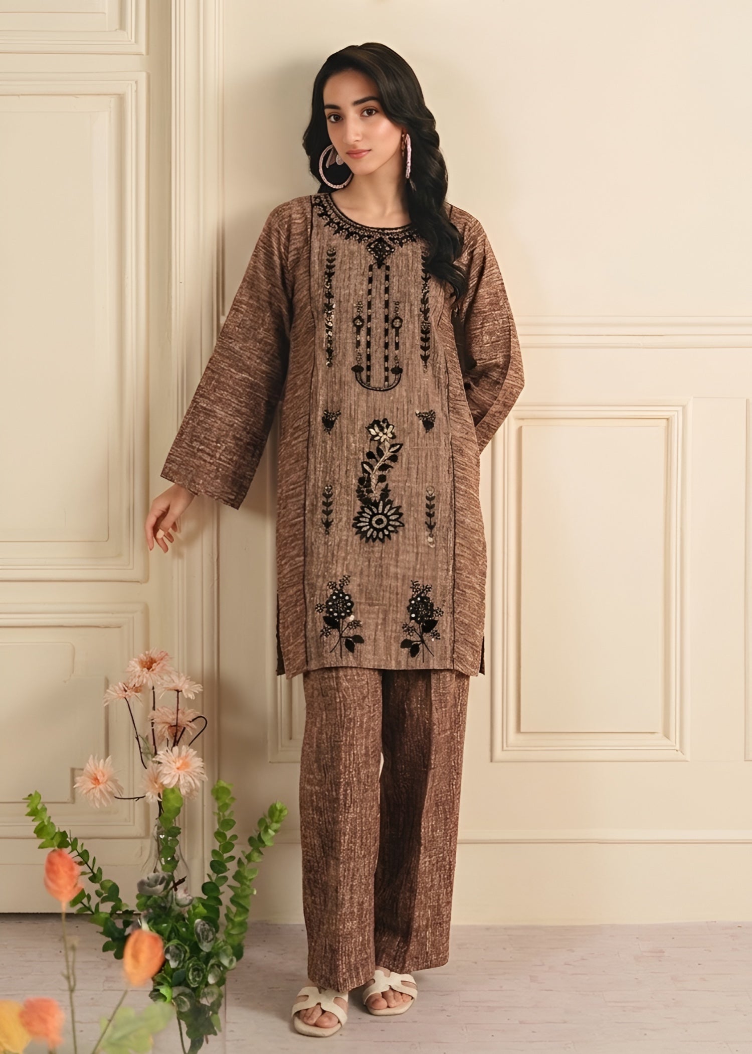 cambric Kurta Set in Earth brown