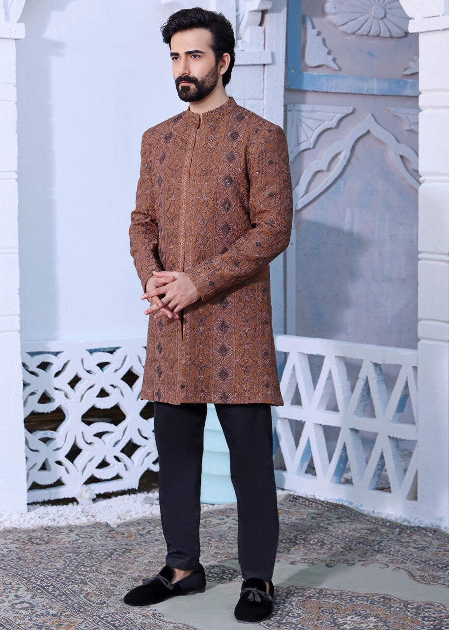 raw silk Sherwani in Brown