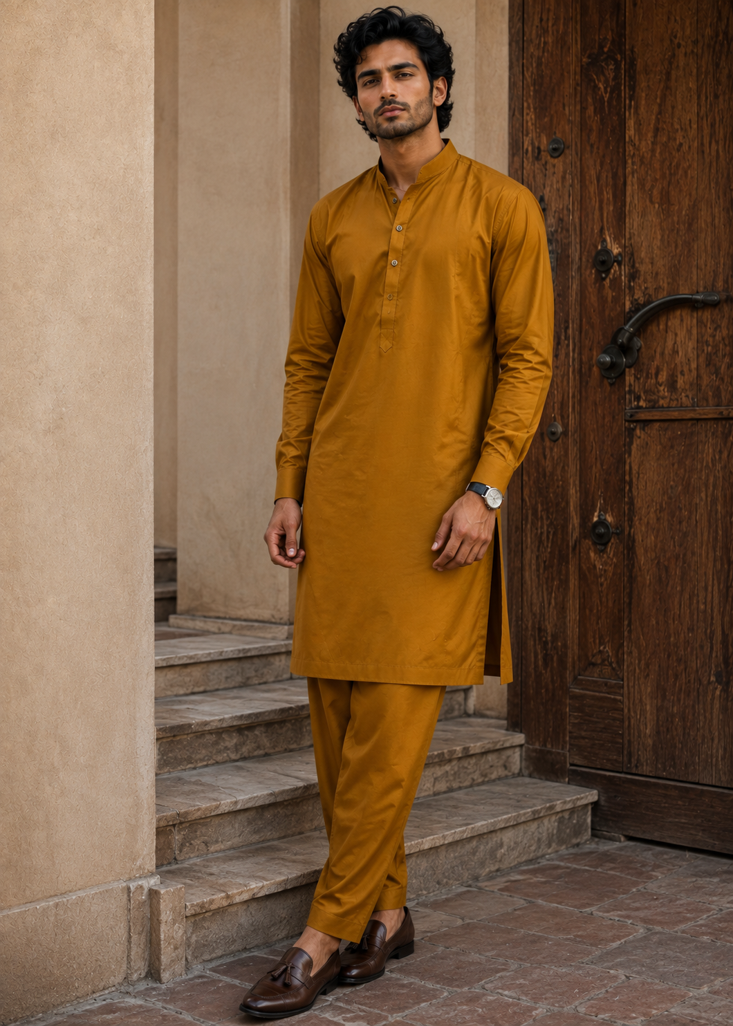 wash & wear Kurta Set in Brown, mustard