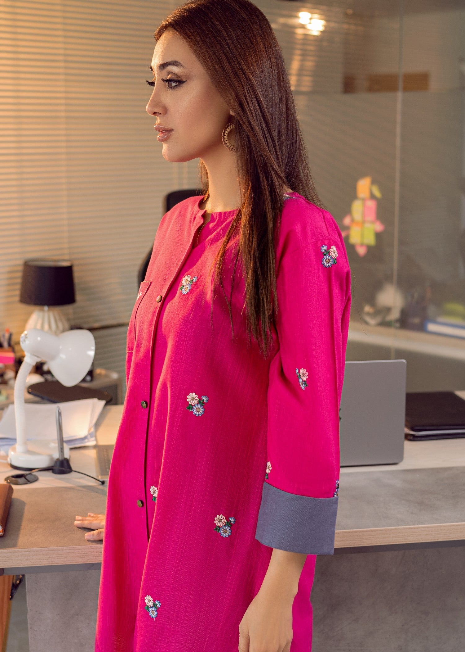 slub khaddar Kurta Set in Magenta, grey