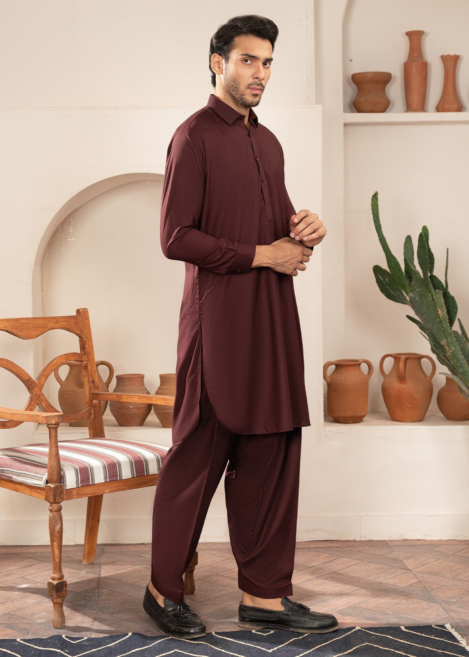 wash & wear Shalwar Kameez in Maroon by Buraq