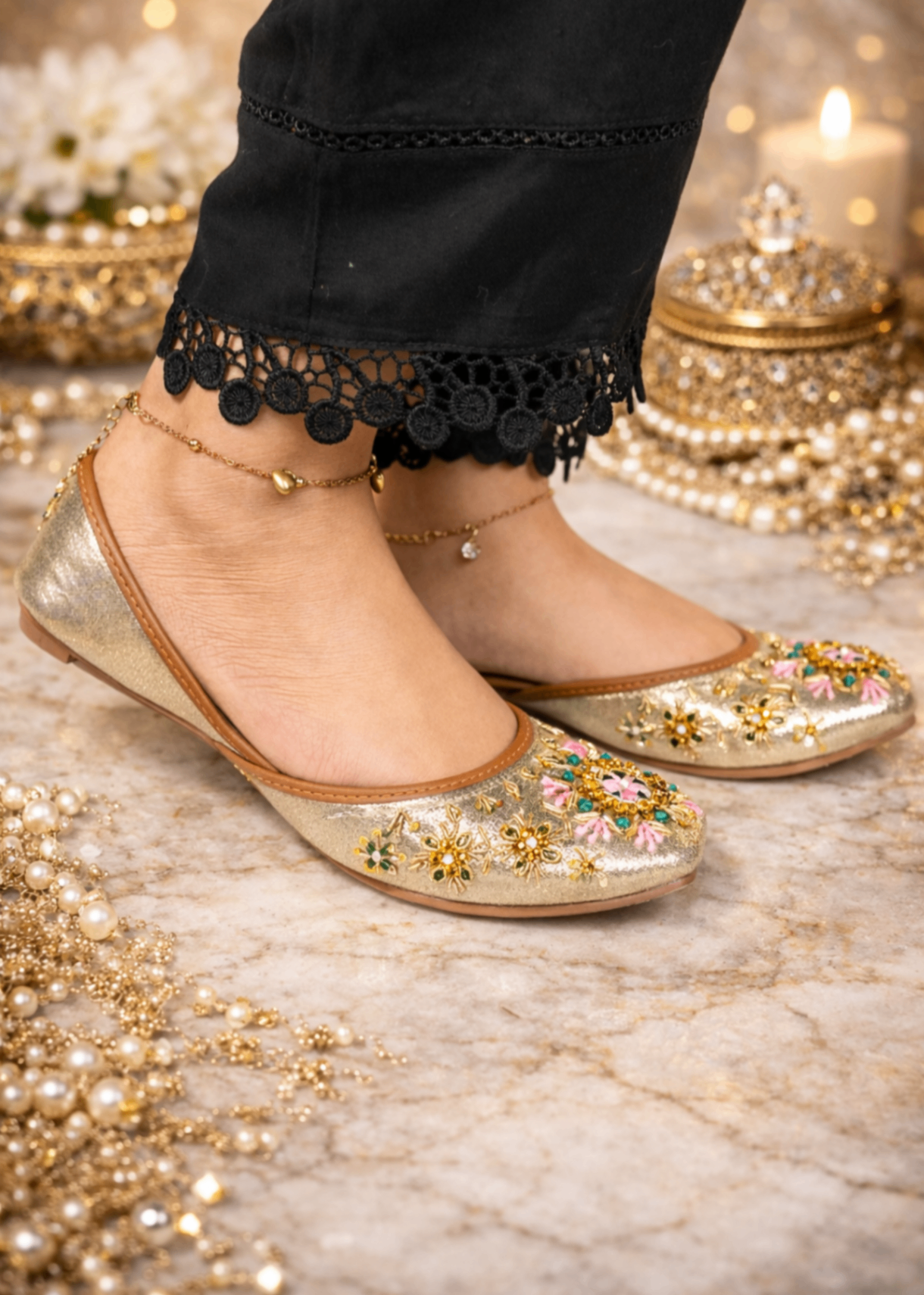 Khussa in Gold by - High Quality Women Khussa QZL2088