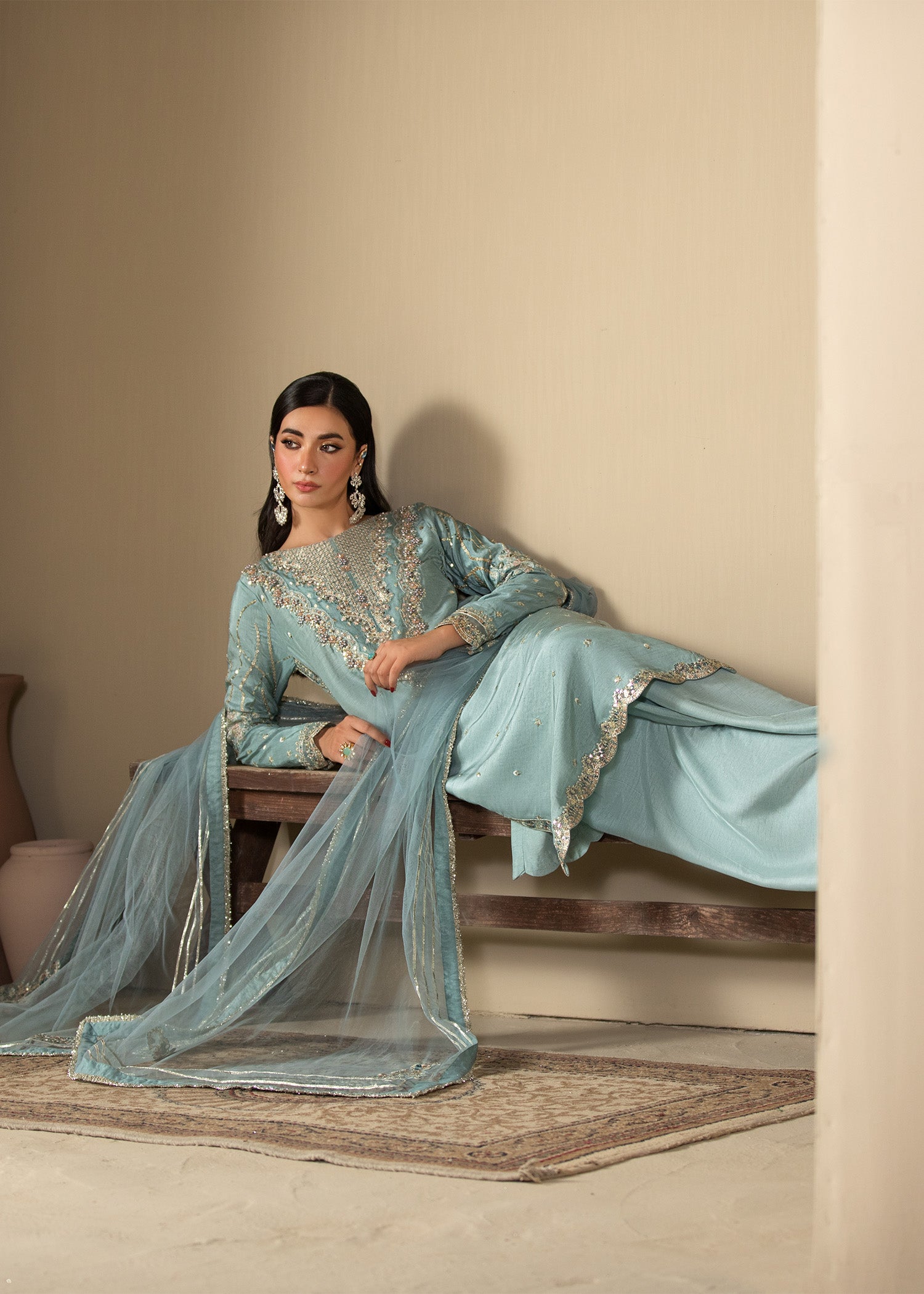 raw silk Kurta Set in Ice blue