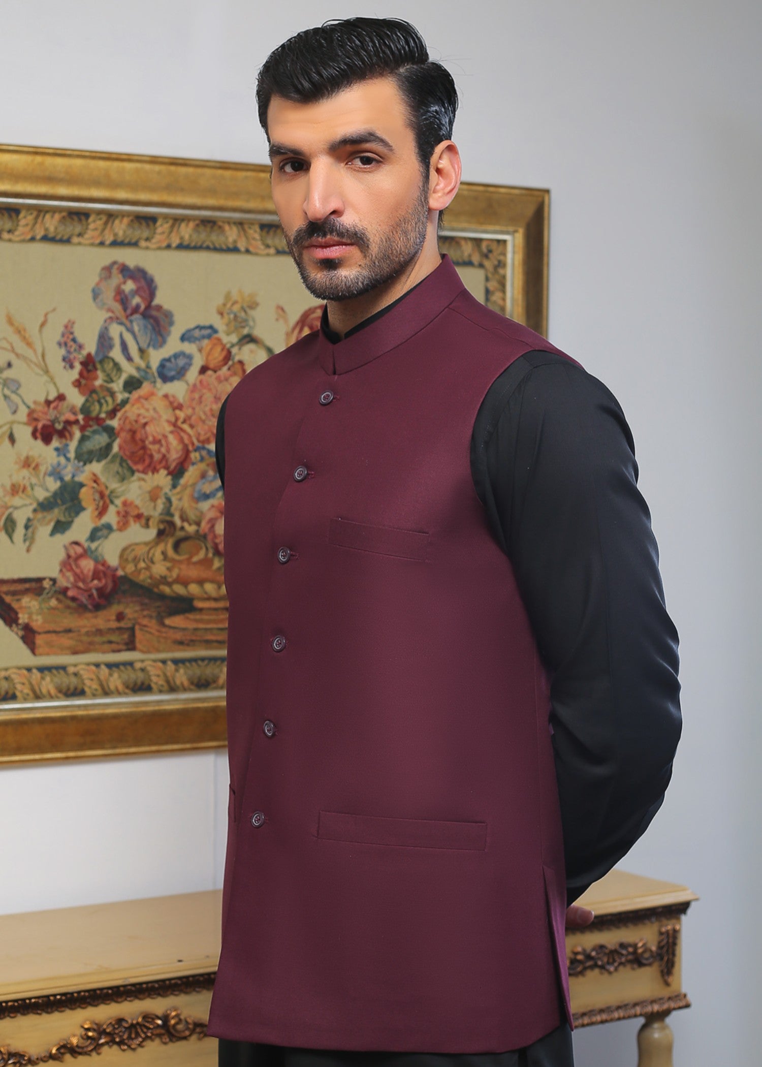 tropical Waistcoat in Plum by Gem Garments