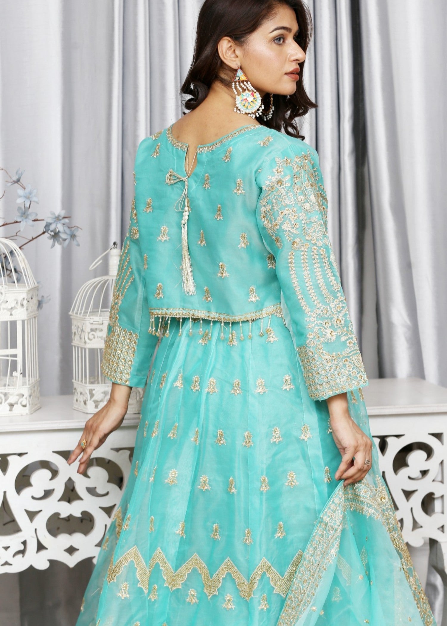 organza Lehenga in Aquamarine
