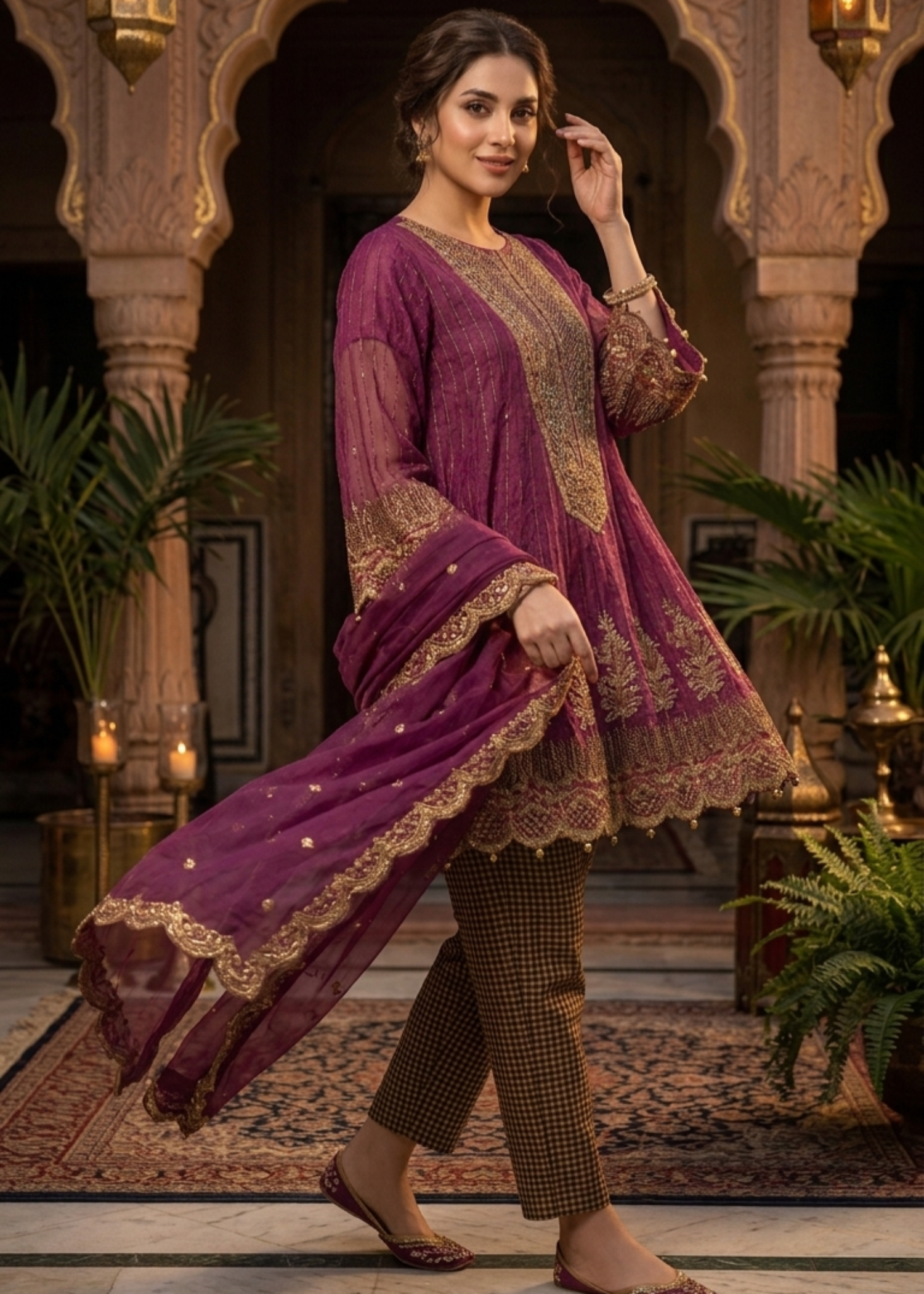 organza net Short Frock in Amaranth