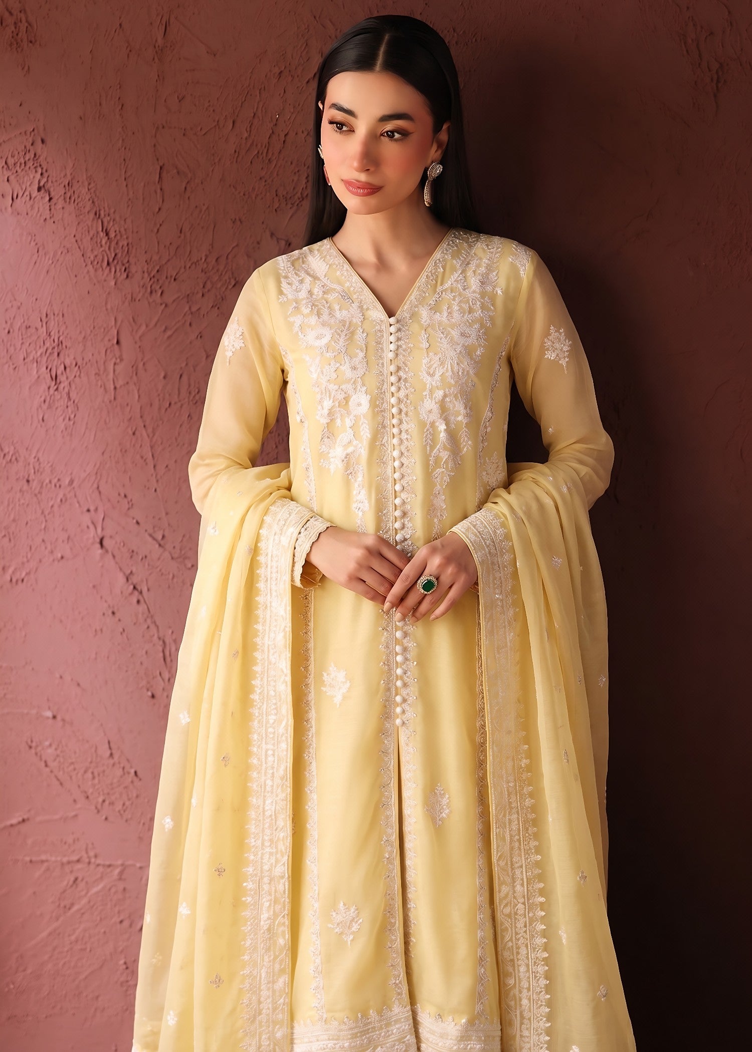 chiffon Kurta Set in Light yellow