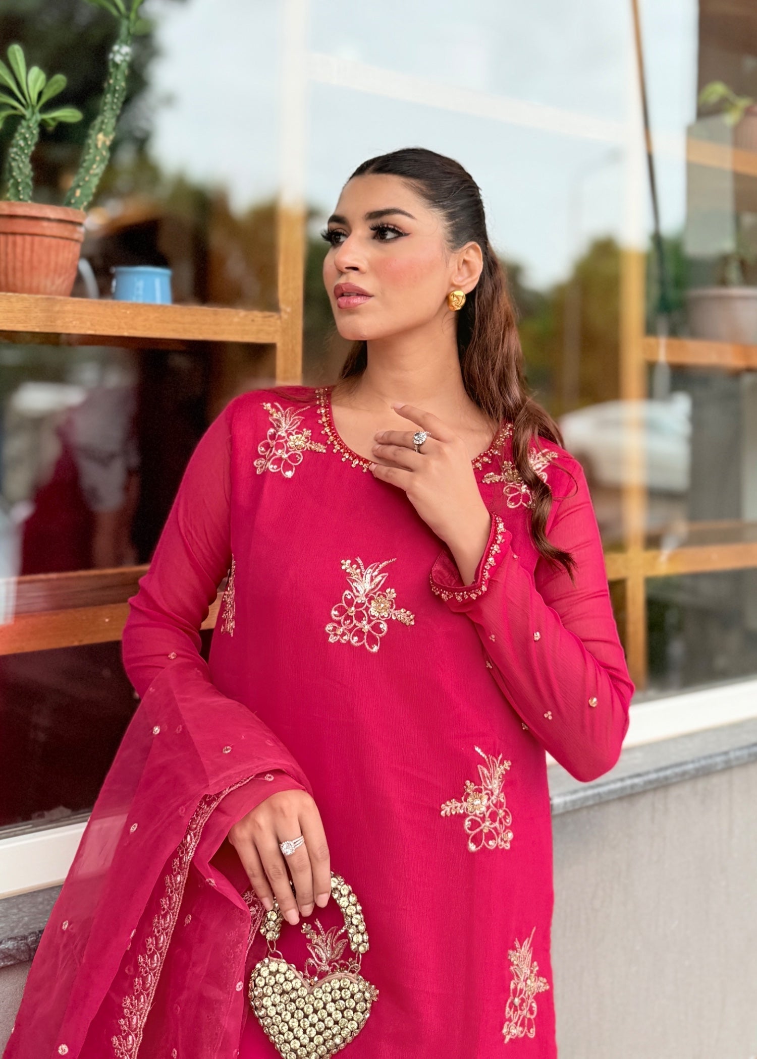 chiffon Kurta Set in Raspberry pink