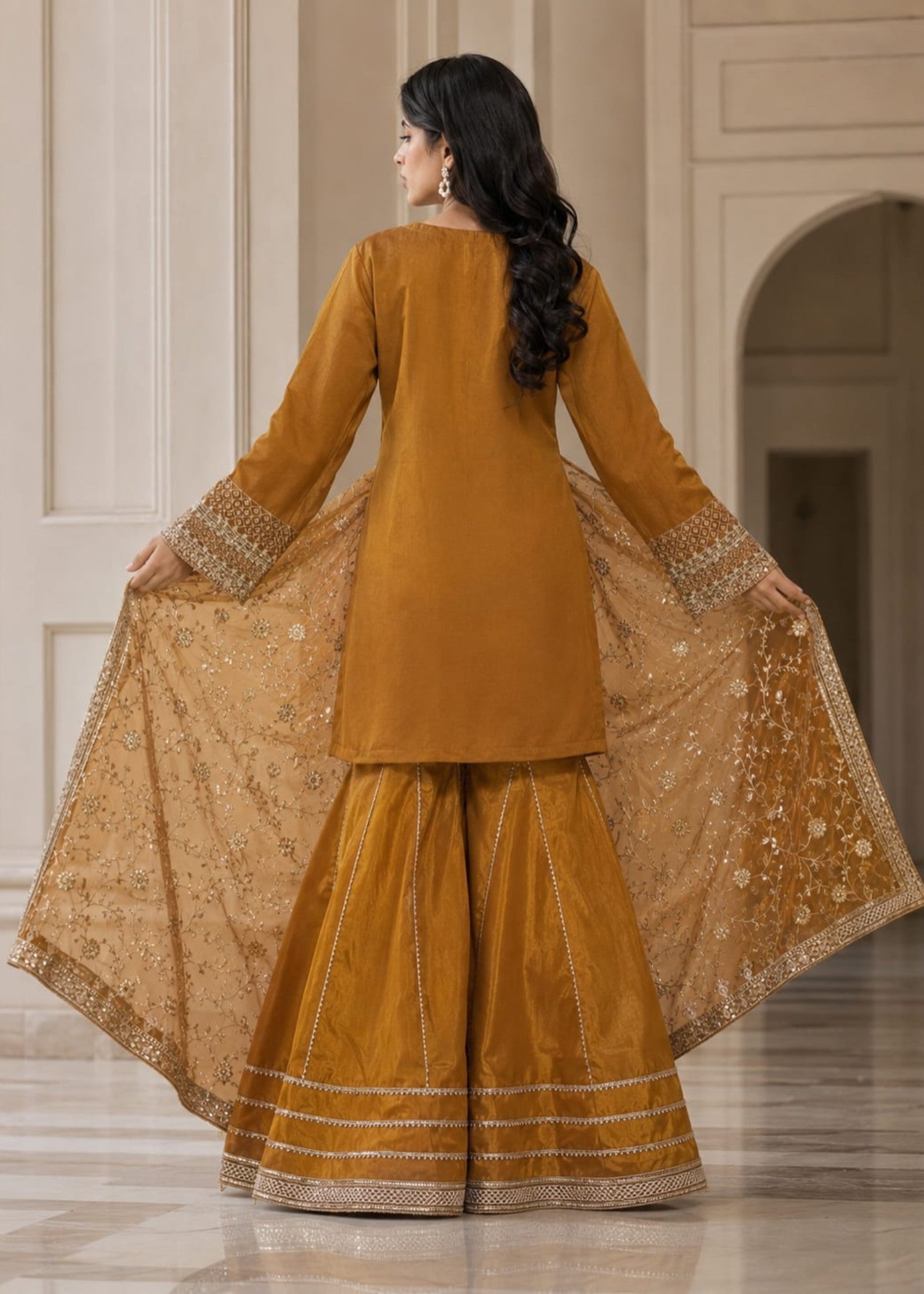 chiffon Gharara in Mari gold