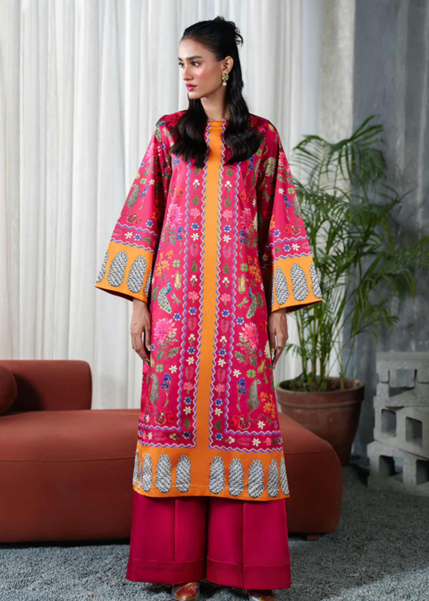 silk charmeuse Kurta Set in Shocking pink