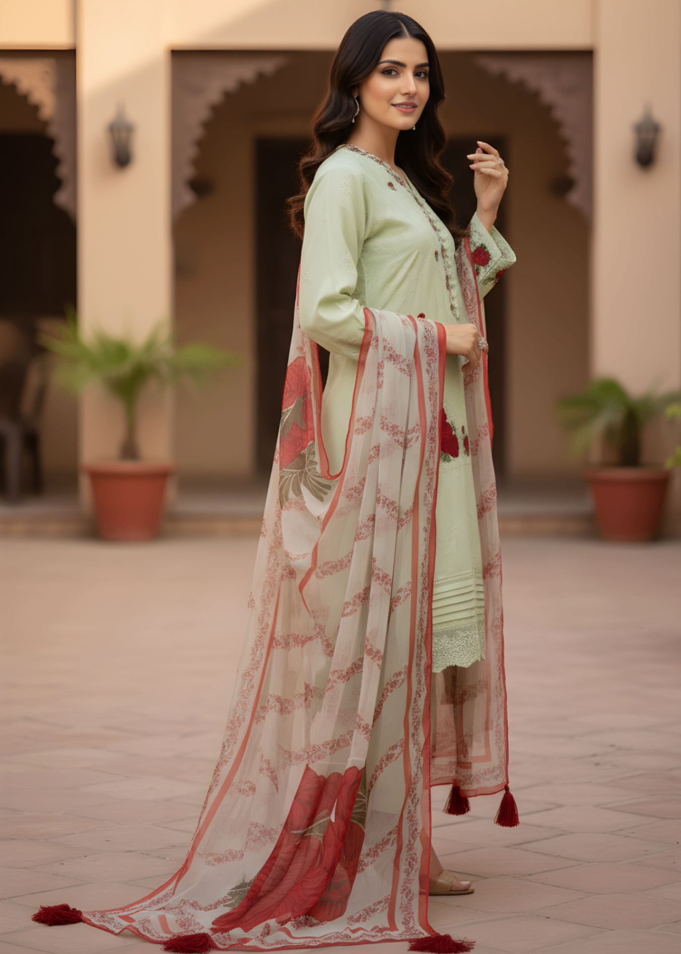 chiffon Kurta Set in Mint green