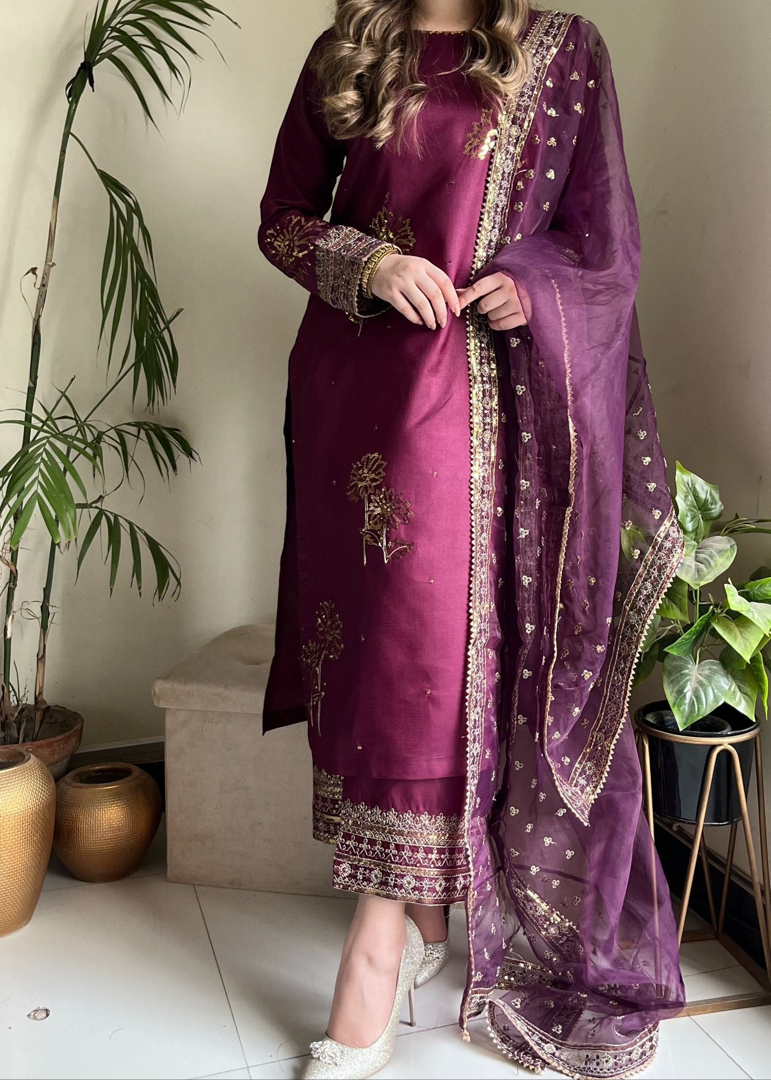 kattan silk Kurta Set in Purple