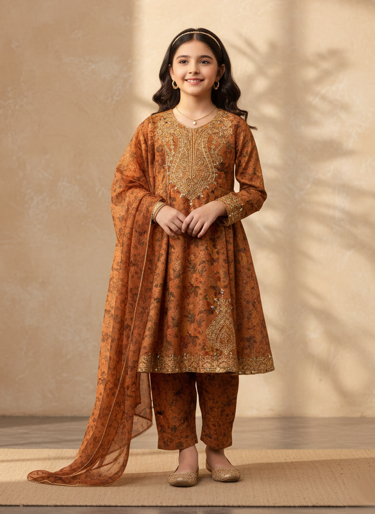 lawn Pishwas in Rustic brown