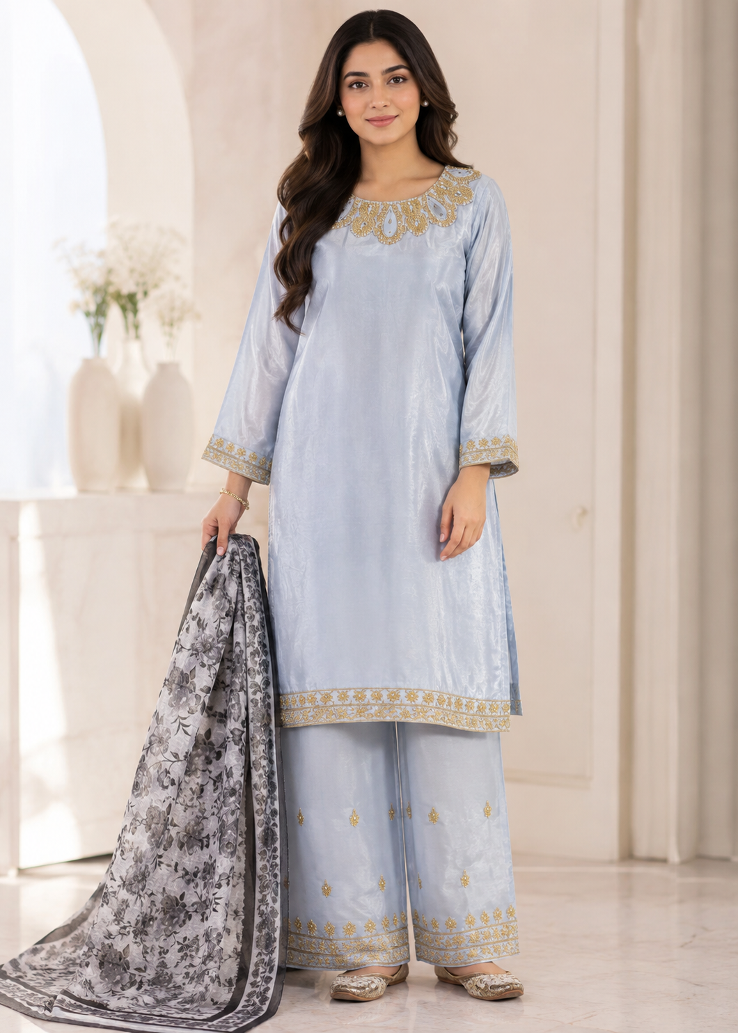 silk Kurta Set in Light blue