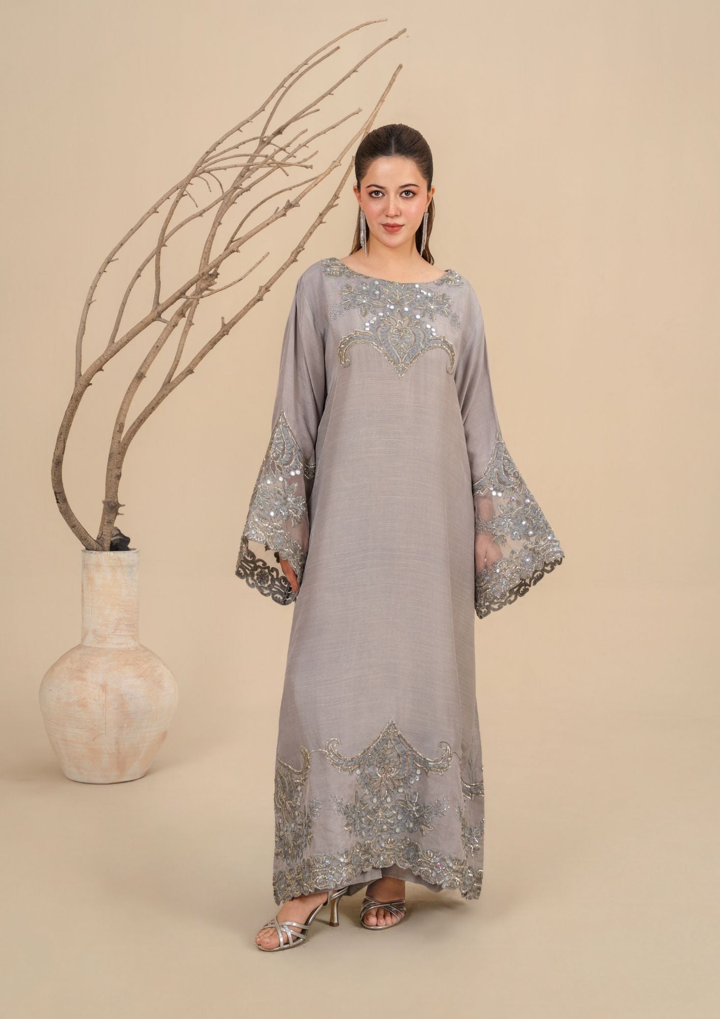 viscose raw silk Kurta Set in Dark grey