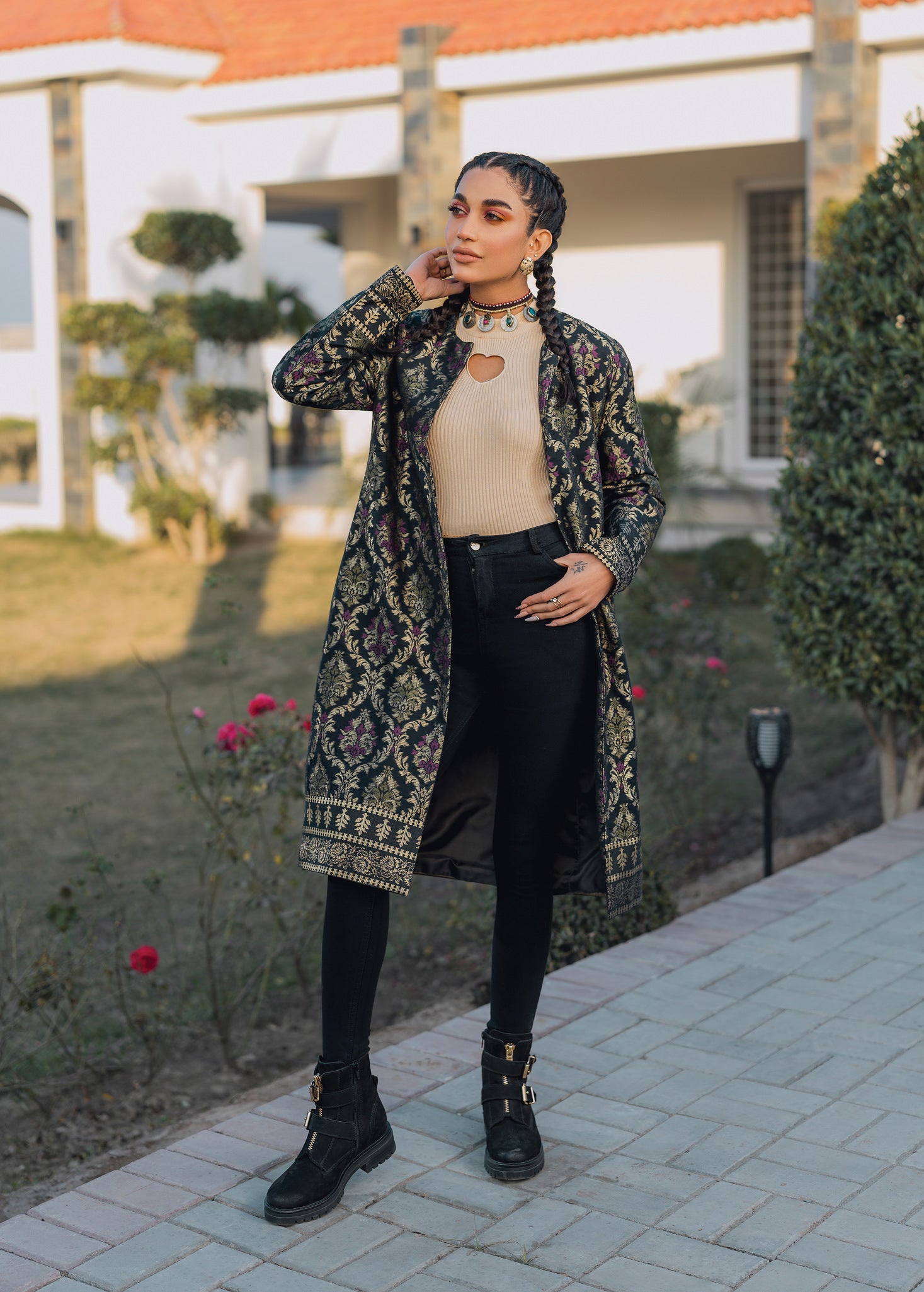slub khaddar Jacket in Black