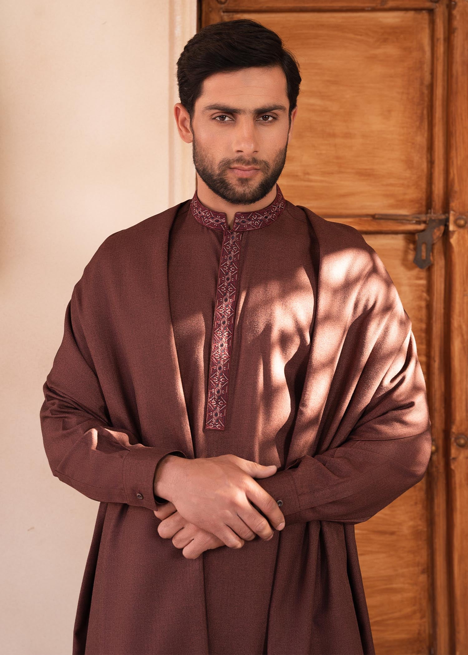 wool Shalwar Kameez in Maroon by Arshad Mens Wear