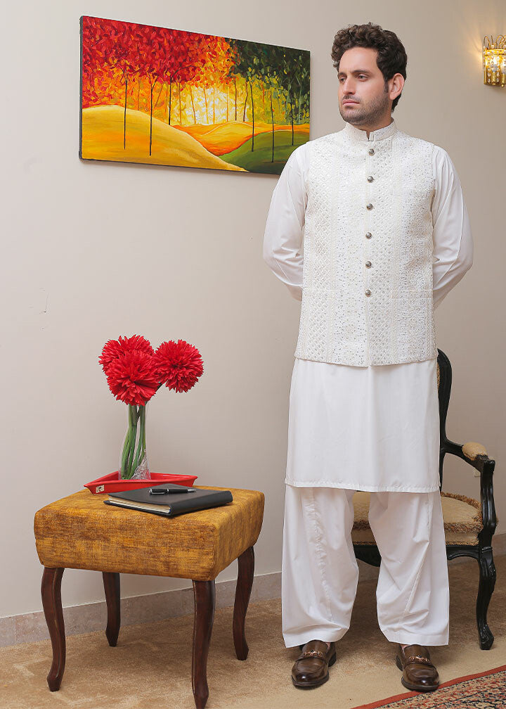 banarsi silk Waistcoat in Off-white