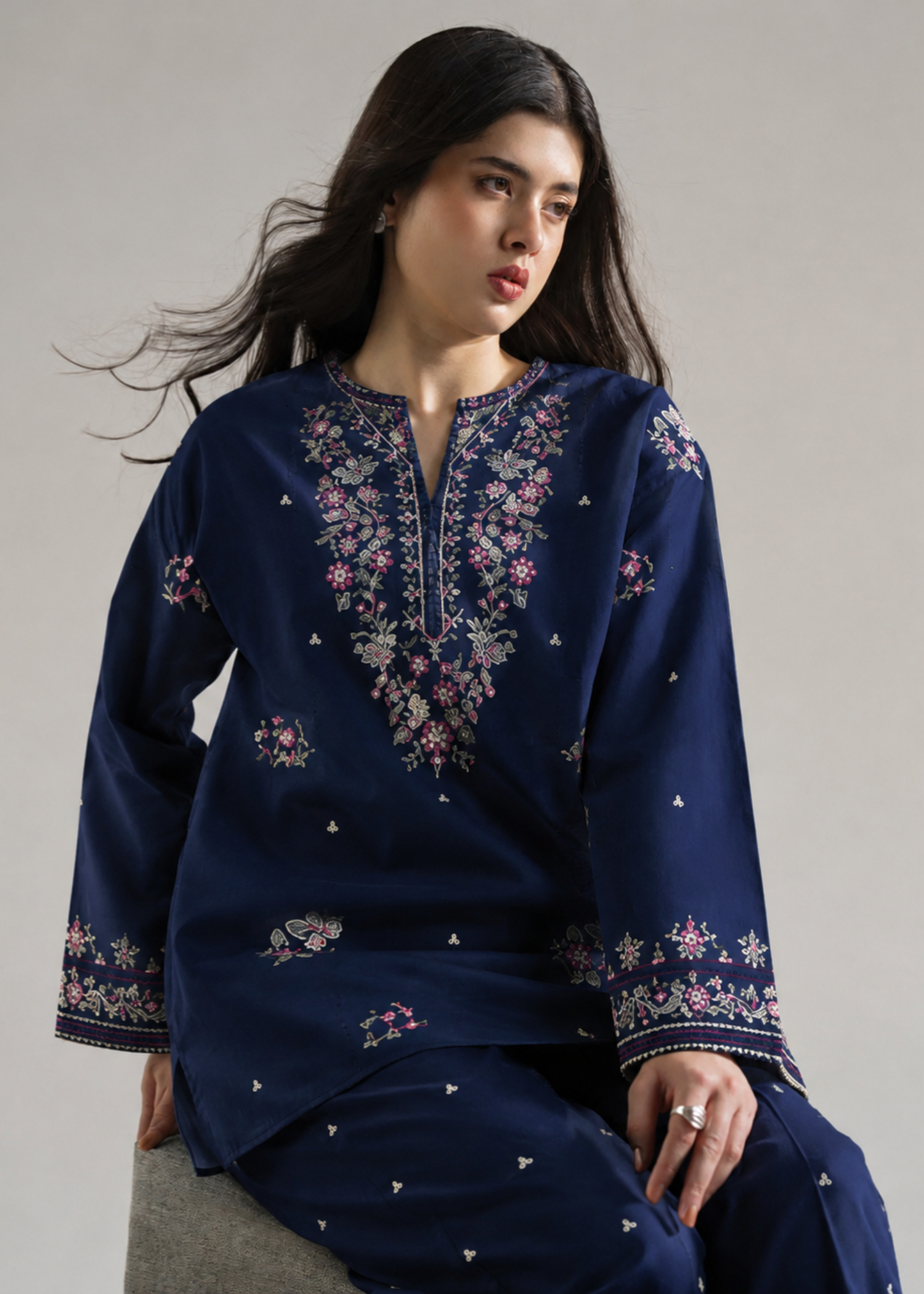 linen Kurta Set in Moonlight blue